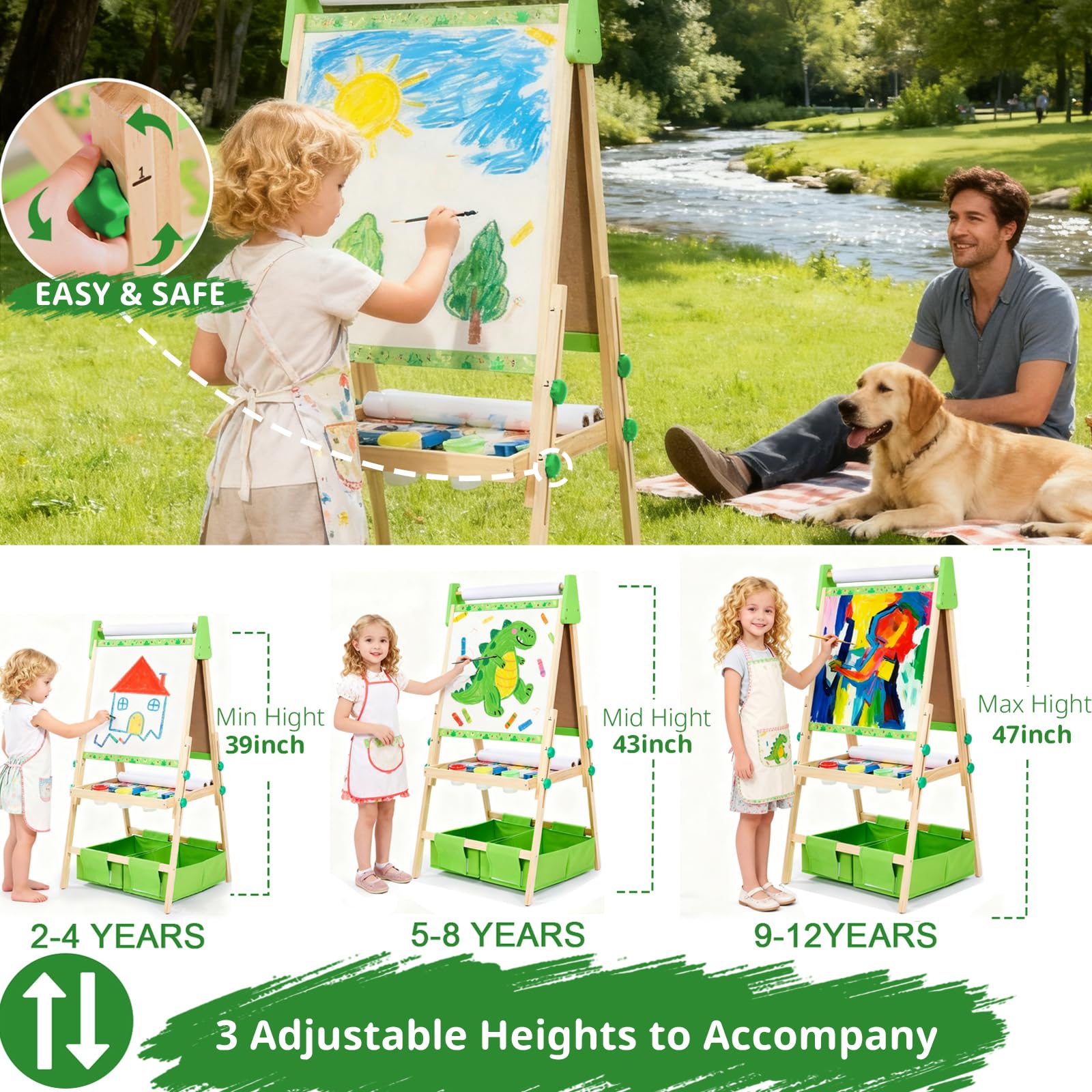 Adjustable Wooden Art Easel for Kids with Magnetic Whiteboard and Chalkboard