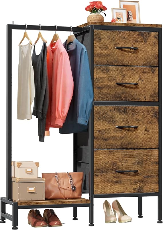 Dresser with Hanging Rack, 4 Drawers Small Closet for Bedroom