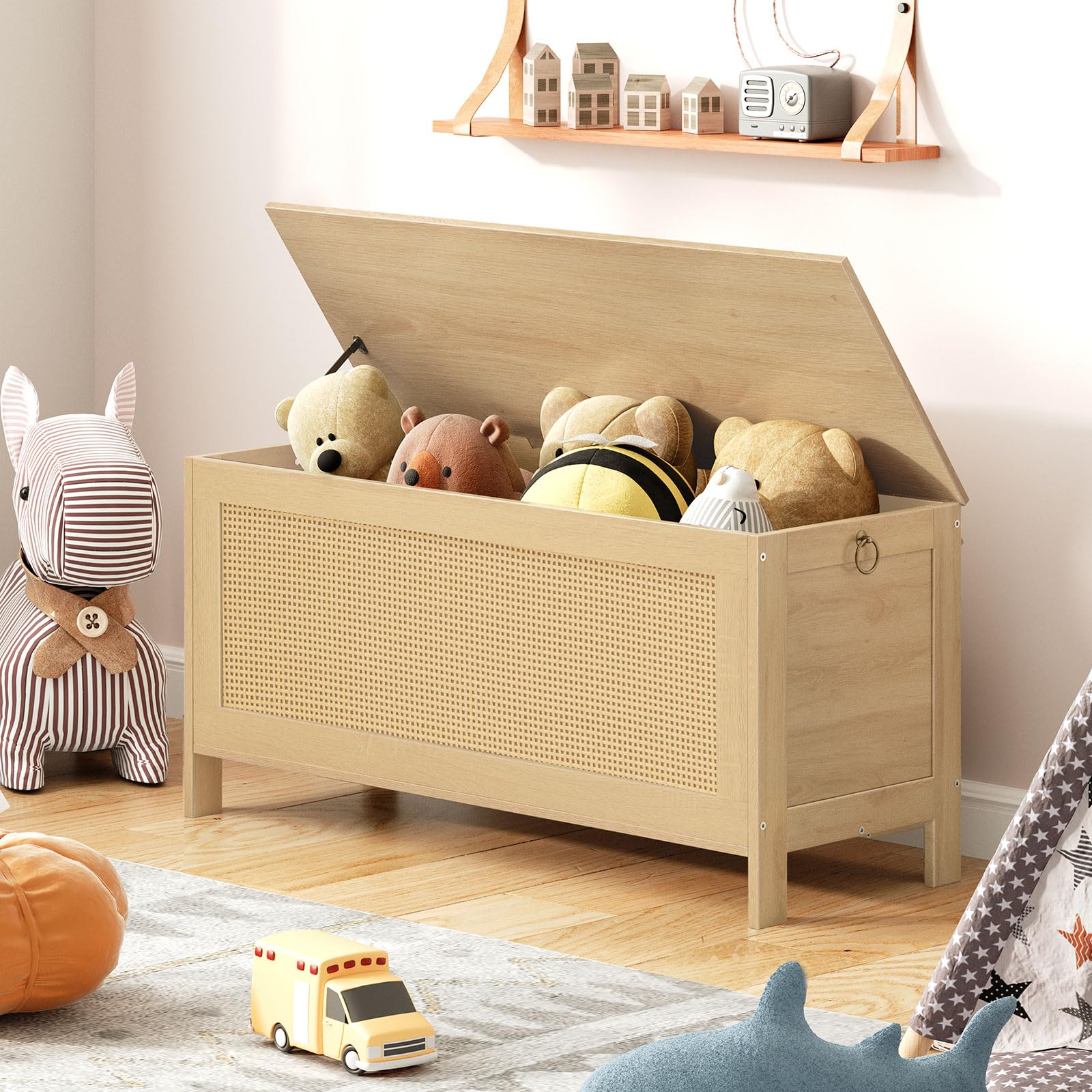 Storage Bench, Large Toy Box, Storage Chest with Faux Rattan