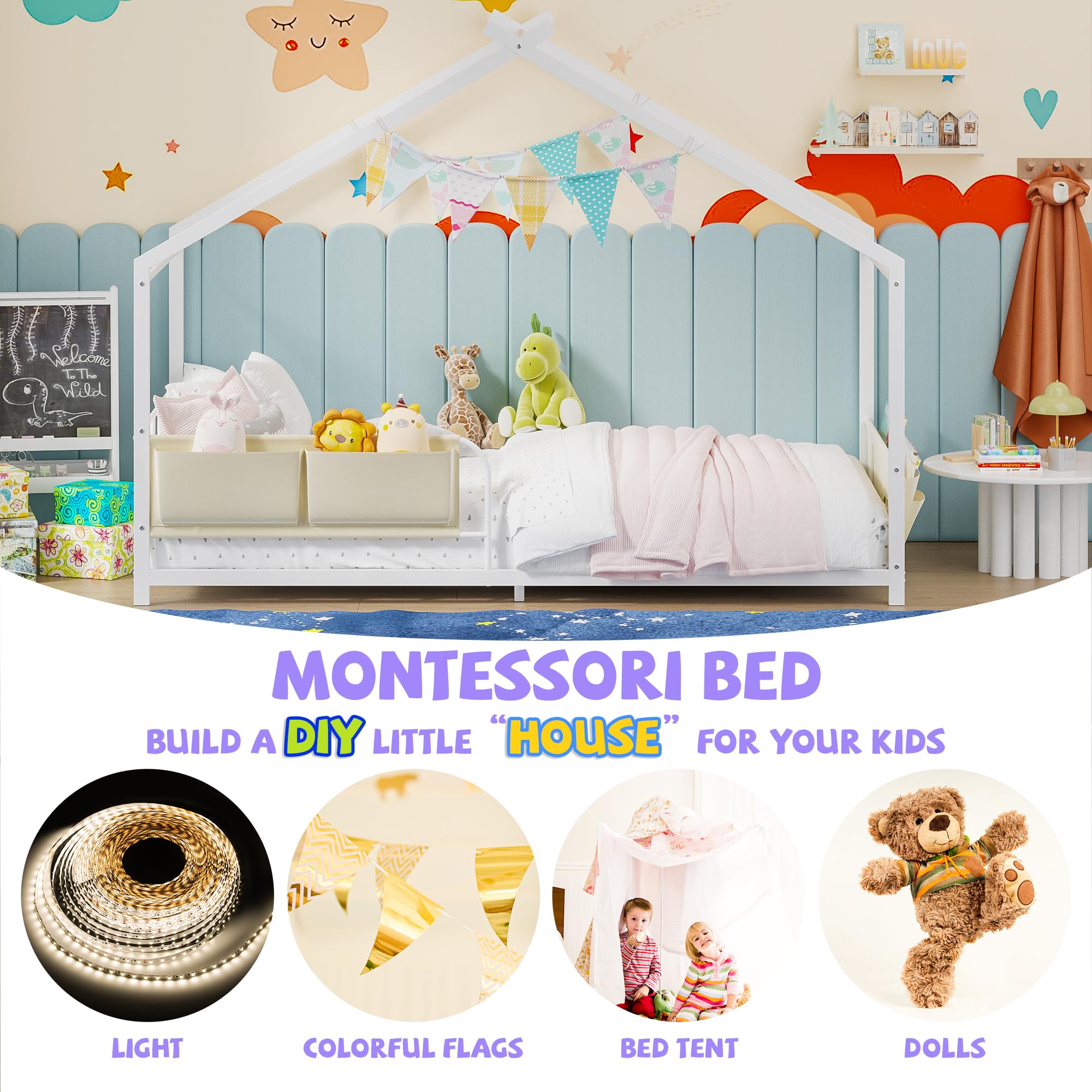 Montessori House Bed Twin Size Metal Floor Bed with Storage