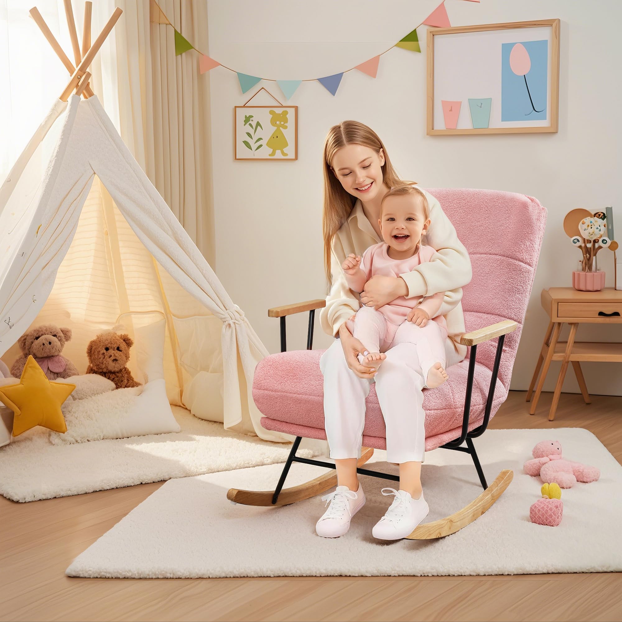 Rocking Chair Nursery, Oversized Upholstered Teddy Fabric Modern