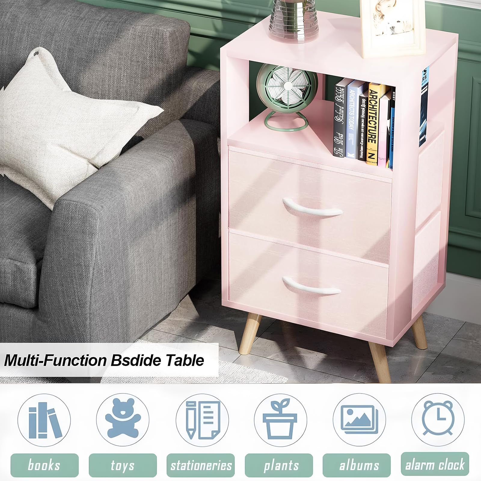 3-Tier Nightstand with Fabric Drawers