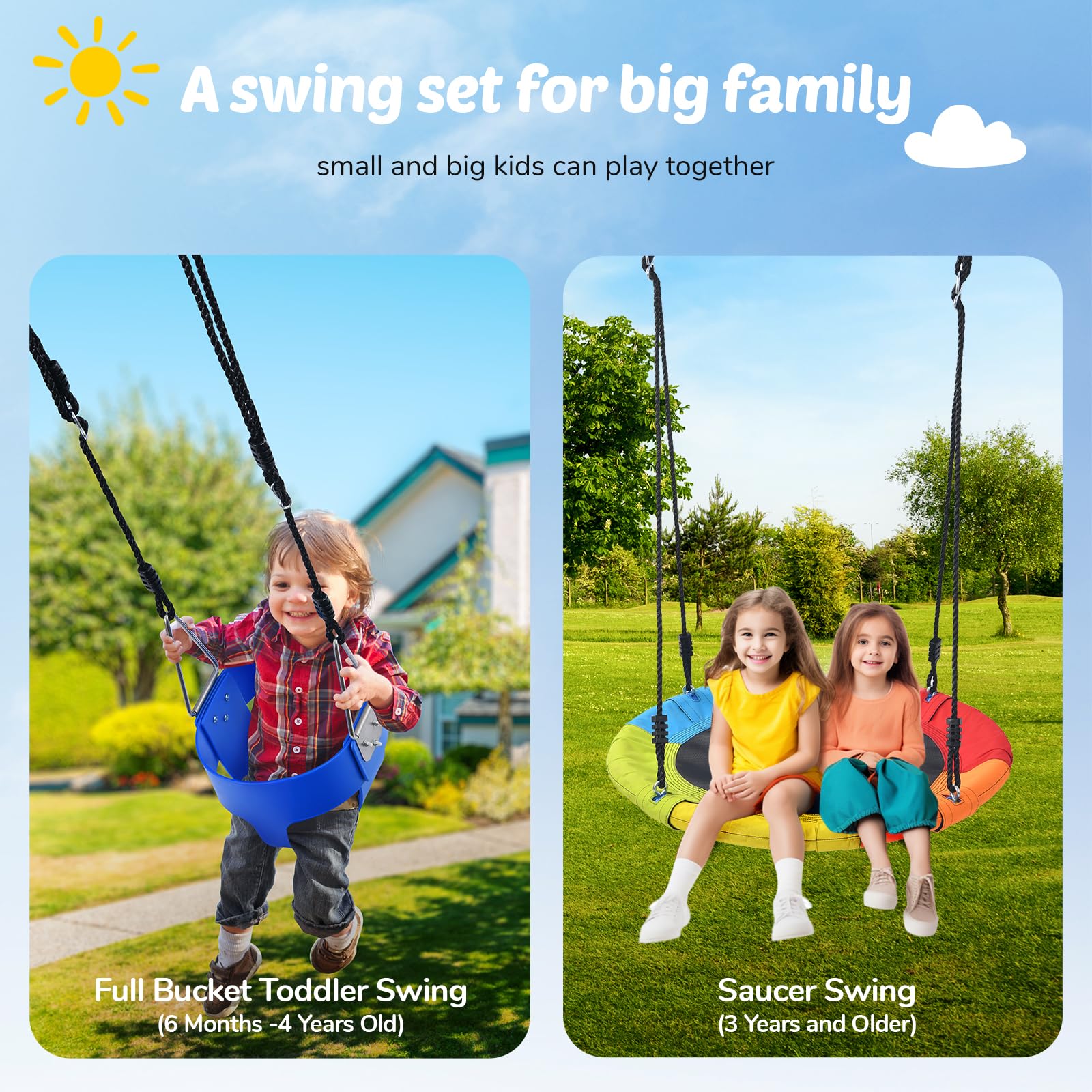 Heavy Duty A-Frame Metal Swing Set with Saucer Swing and Toddler Seat