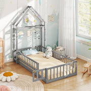 Twin House Floor Bed for Kids with Safety Fence and Door