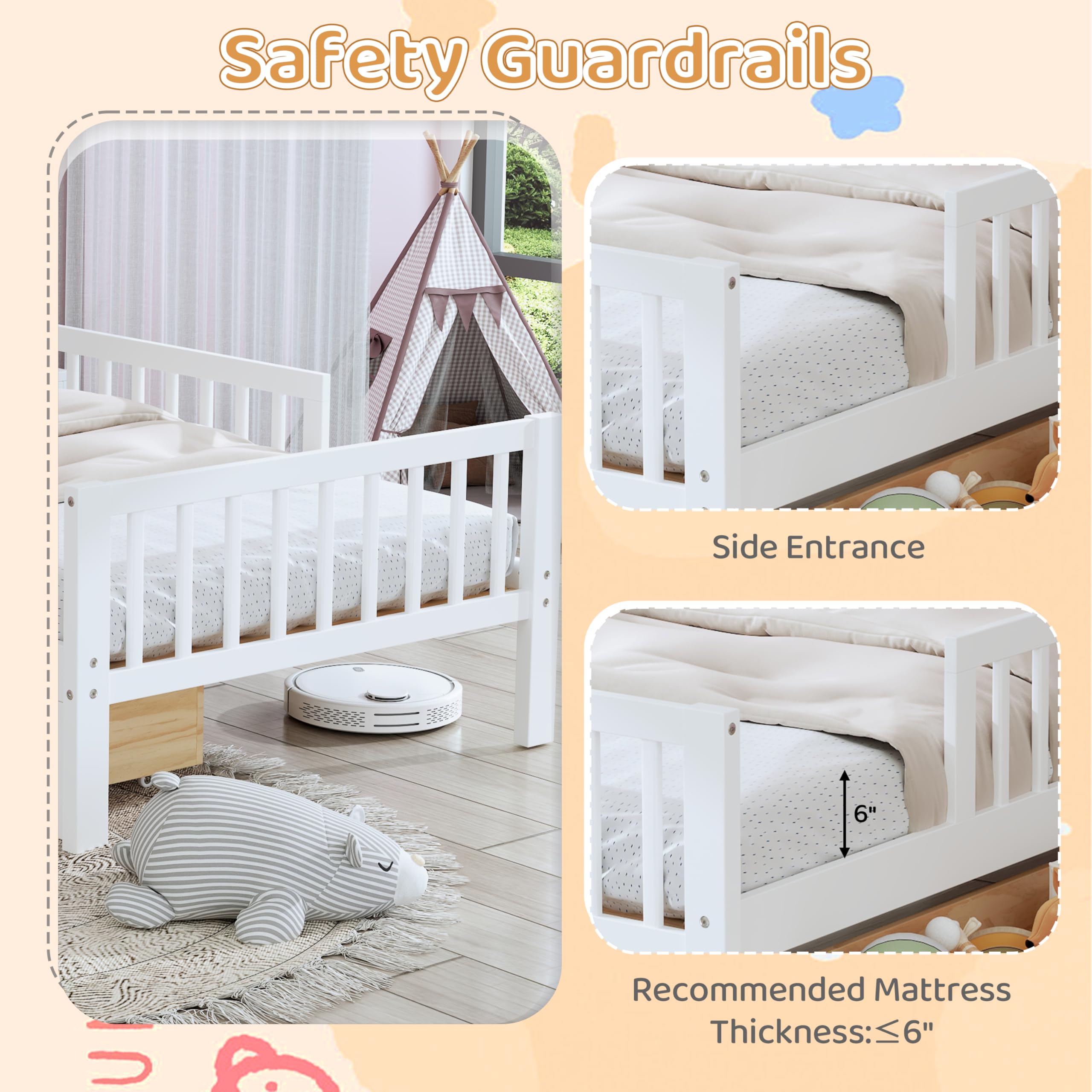 Kids Twin Bed Frame with Storage Drawers and Guardrails