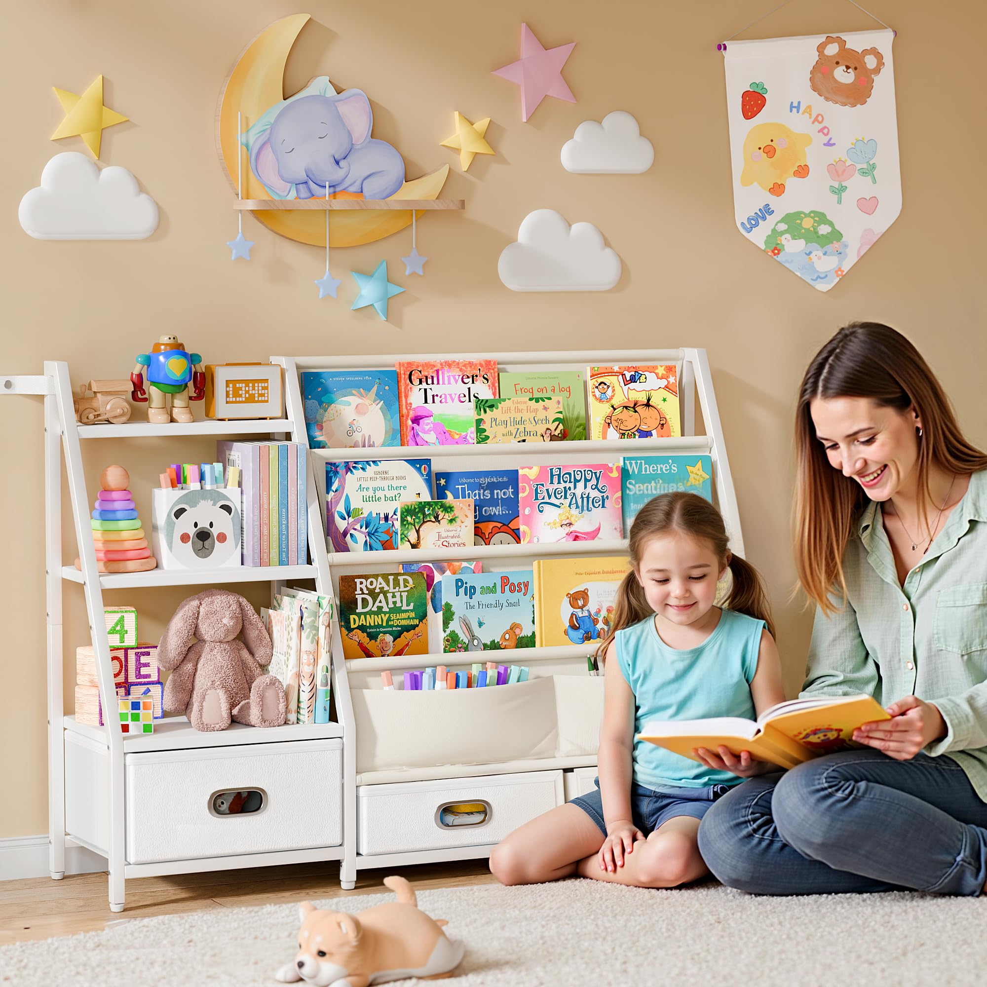 Kids Bookshelf with Storage Drawers - 3 Tier Toddler Book Organizer