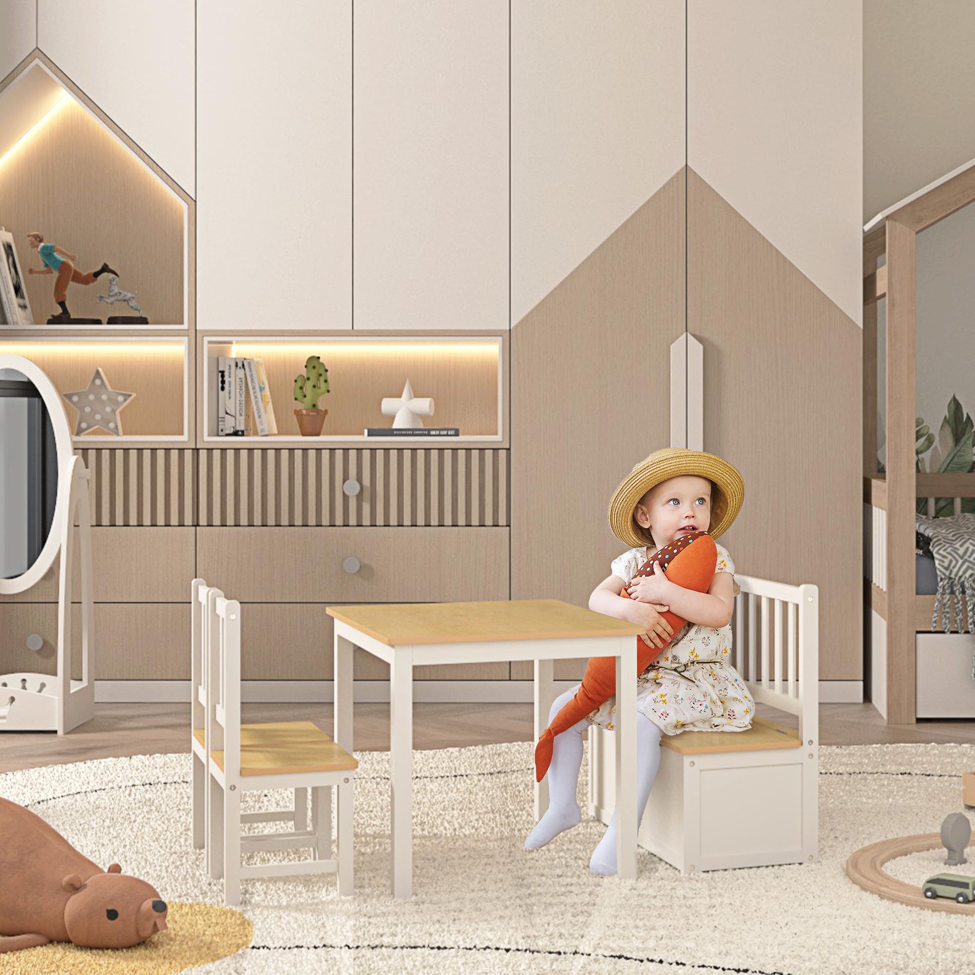 4-Piece Kids Table and Chair Set with Storage Bench