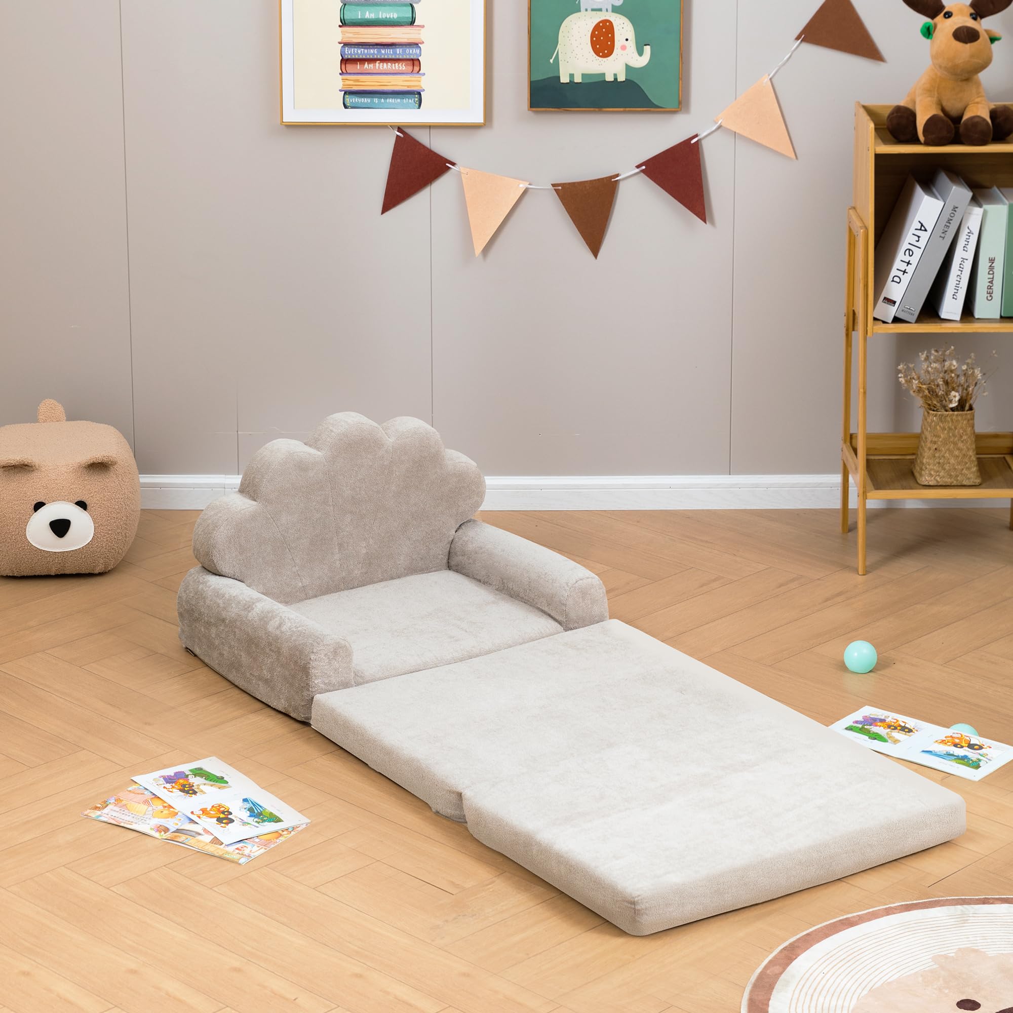2-in-1 Kids Couch, Toddler Couch Fold Out, Comfy Toddler Chair