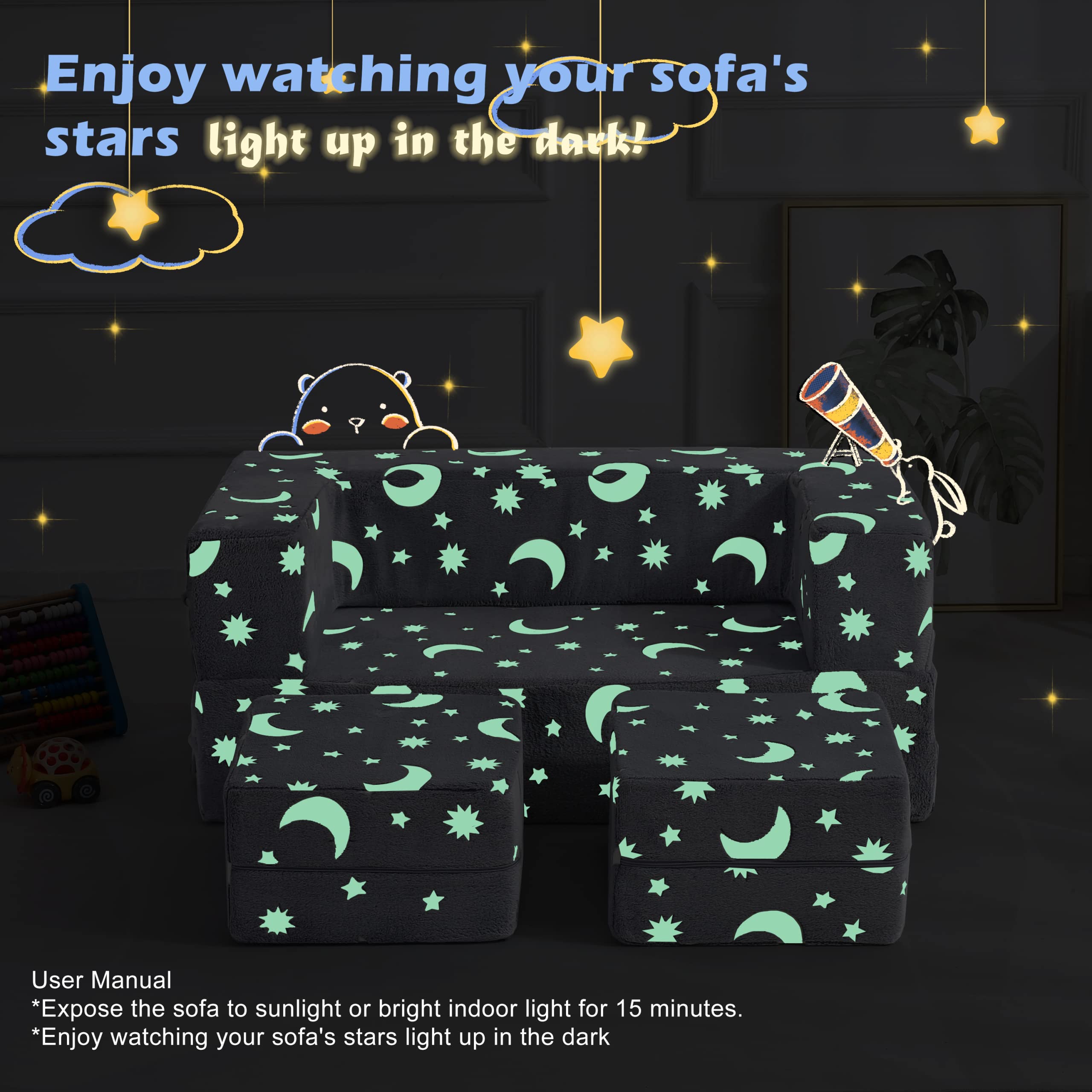 Glow in the Dark Modular Kids Sofa - 3-in-1 Convertible Toddler Couch