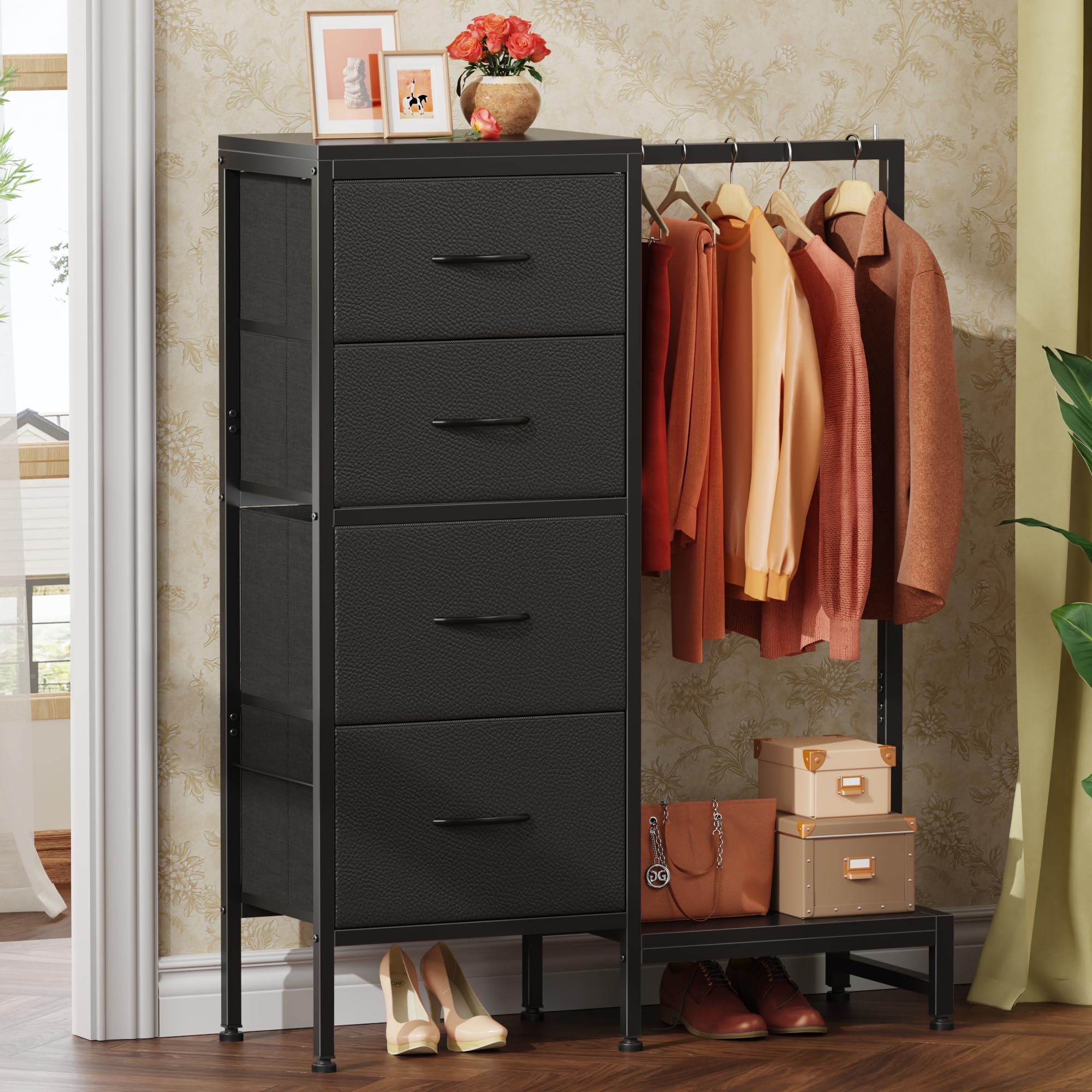 Dresser with Hanging Rack, 4 Drawers Small Closet for Bedroom