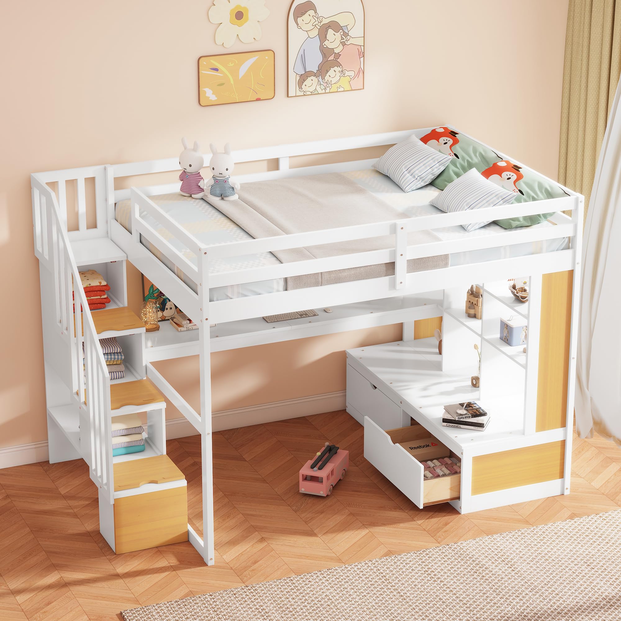 Merax Full Size Wood Loft Bed Frame with 2 Built-in Drawers,Desk,Shelves and Storage Staircase for Bedroom
