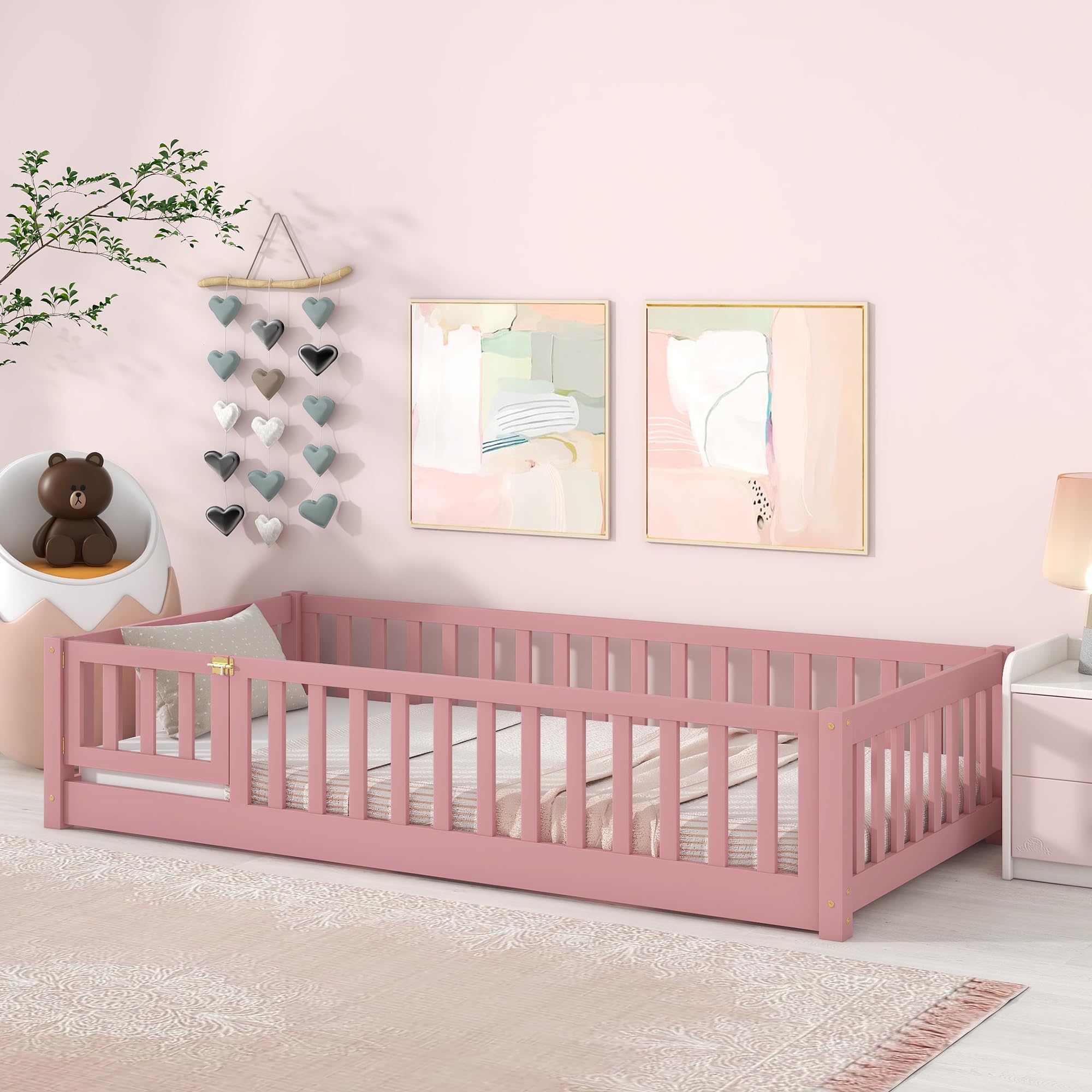 Montessori Floor Bed Twin with Fence and Door