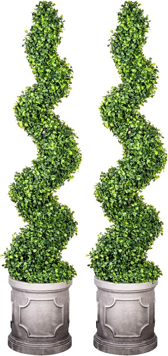 4FT Artificial Spiral Boxwood Topiary Trees with Antique-White Roman