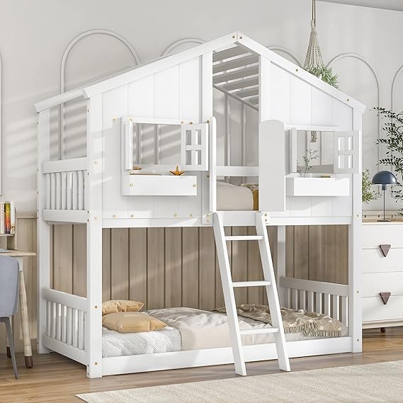 Twin Over Twin House Bunk Bed with Window Door and Roof
