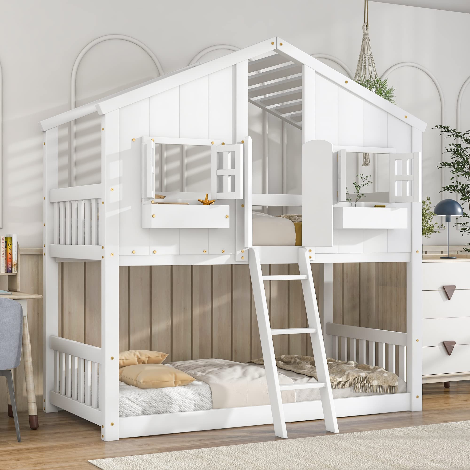 Designs House Bunk Bed Twin Over Twin for Kids, Wood Bunk Beds with Roof