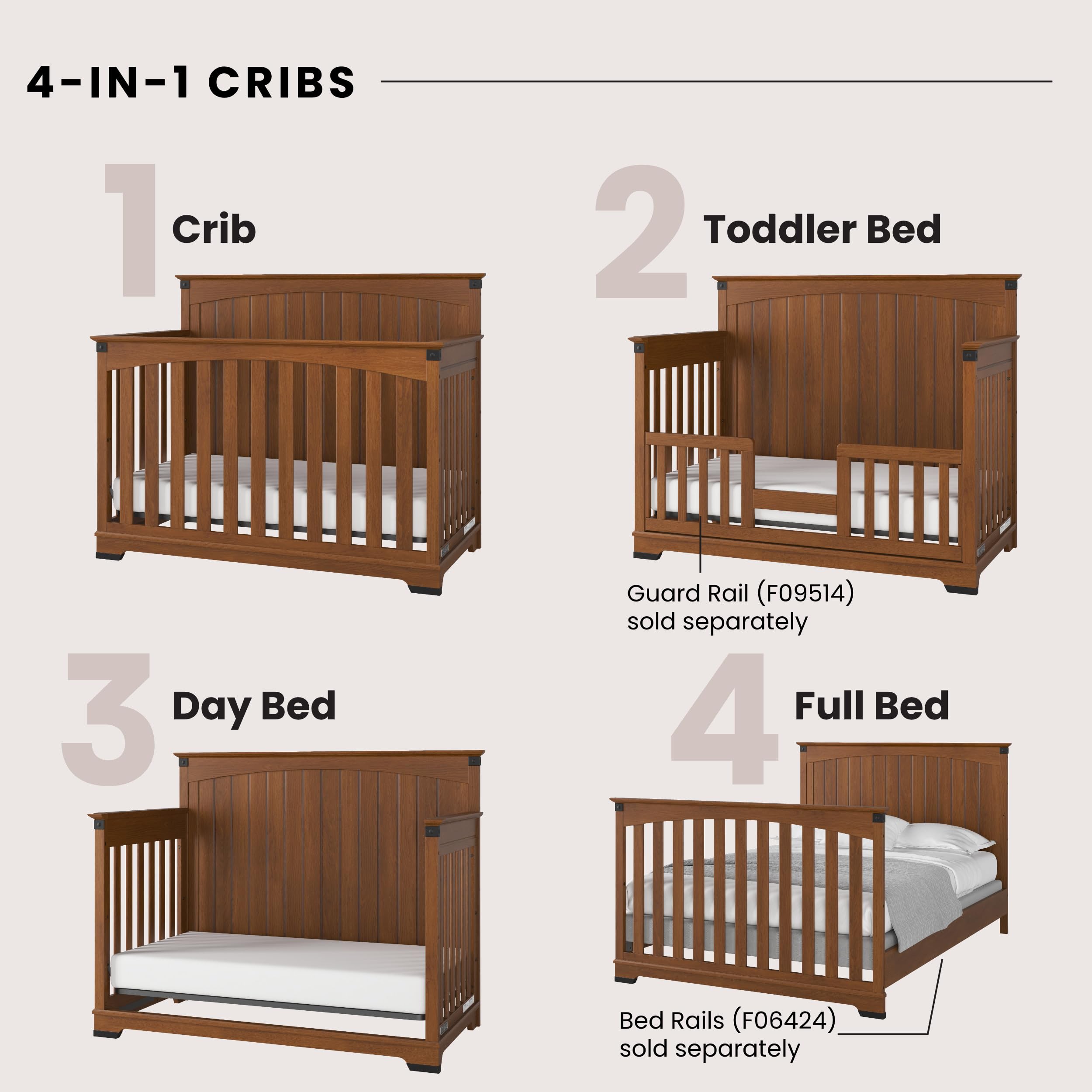 Flat Top 4-in-1 Convertible Crib, Baby Crib Converts to Day Bed