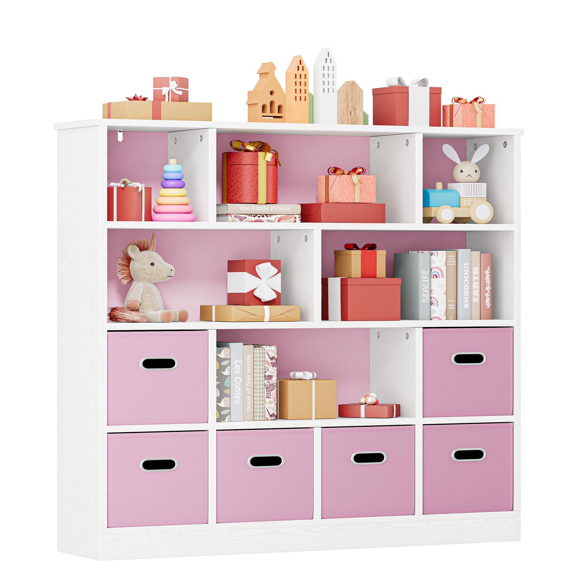 Wooden 12-Cube Storage Organizer Shelf with 6 Bins, 3-Tier Open Bookcase