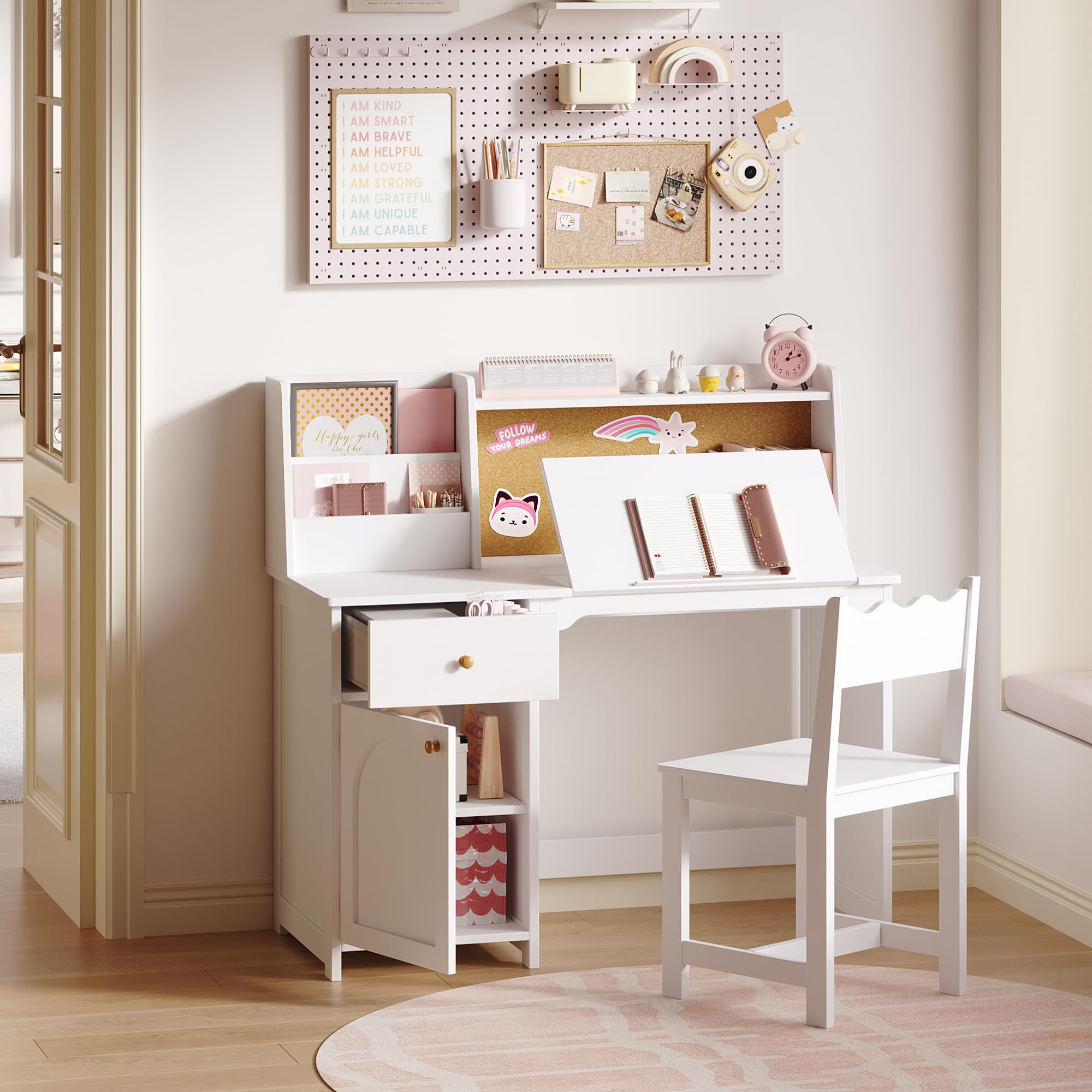 Kids Study Desk and Chair Set with Hutch and Tiltable Desktop