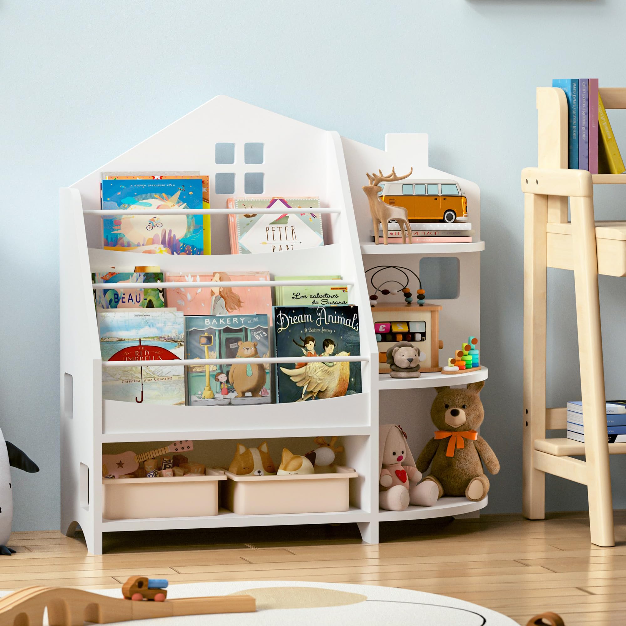 3 Tier Kids Bookshelf Bookcase, House Shape Book Shelf for Kids Rooms Nursery