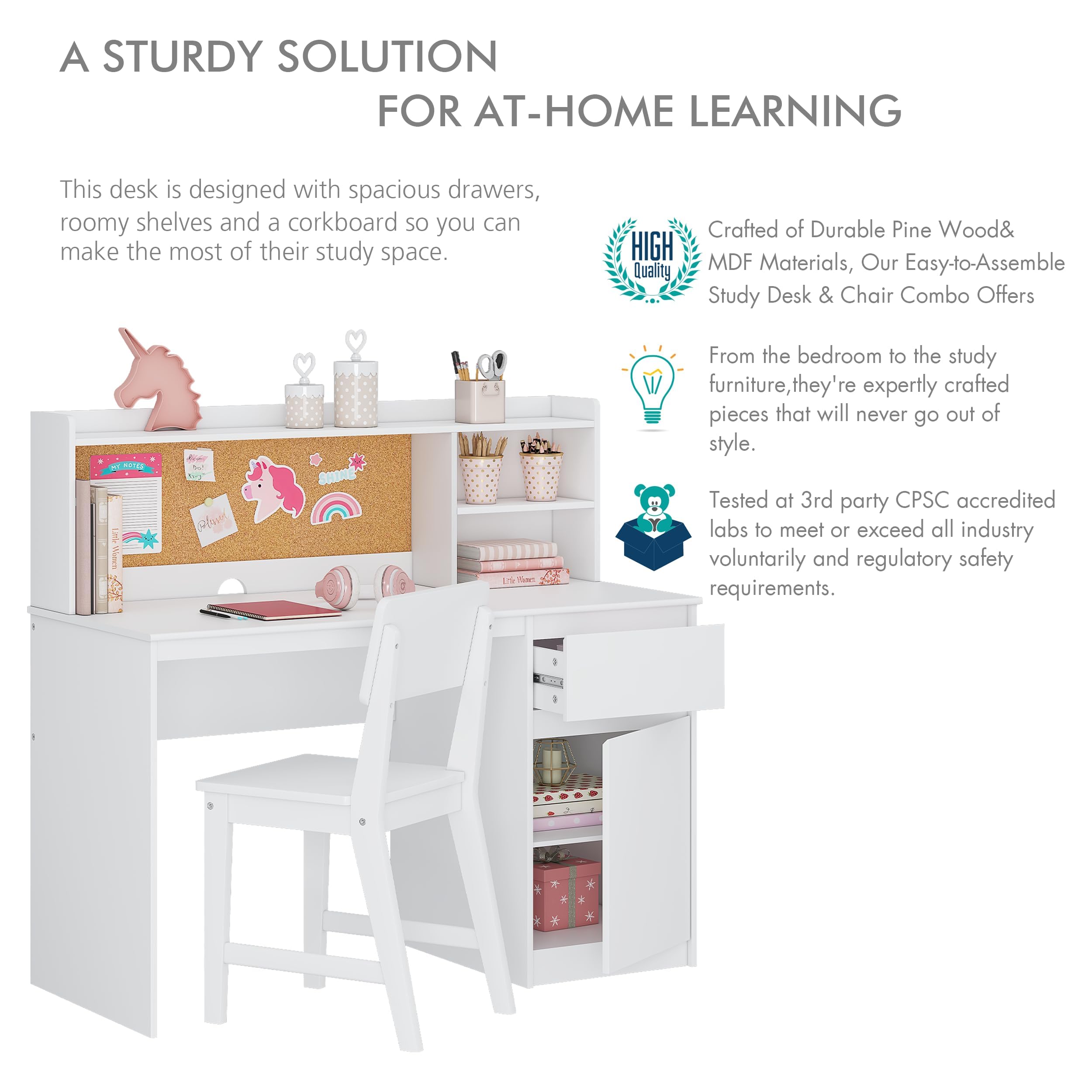 Kids Study Desk with Chair Set with Hutch and Storage