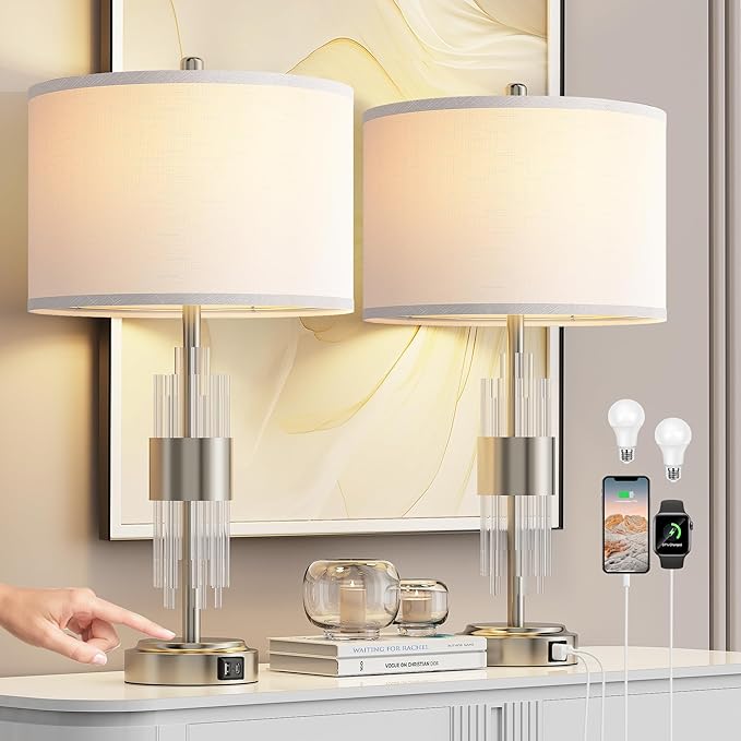 Table Lamps for Bedroom Set of 2 with Nightlight, Modern Bedside