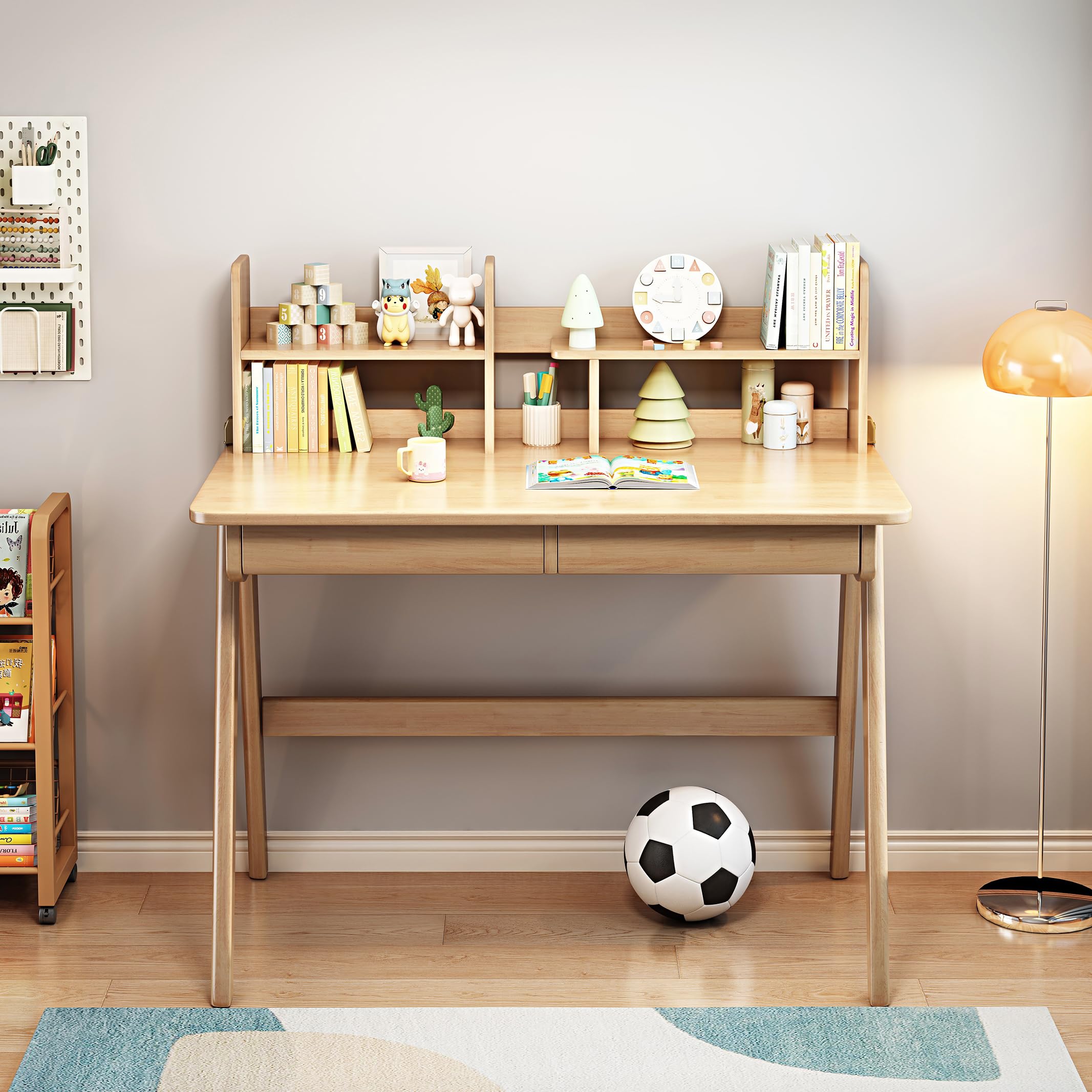 Rubber Wood Kids Study Desk with Bookshelf and Drawers
