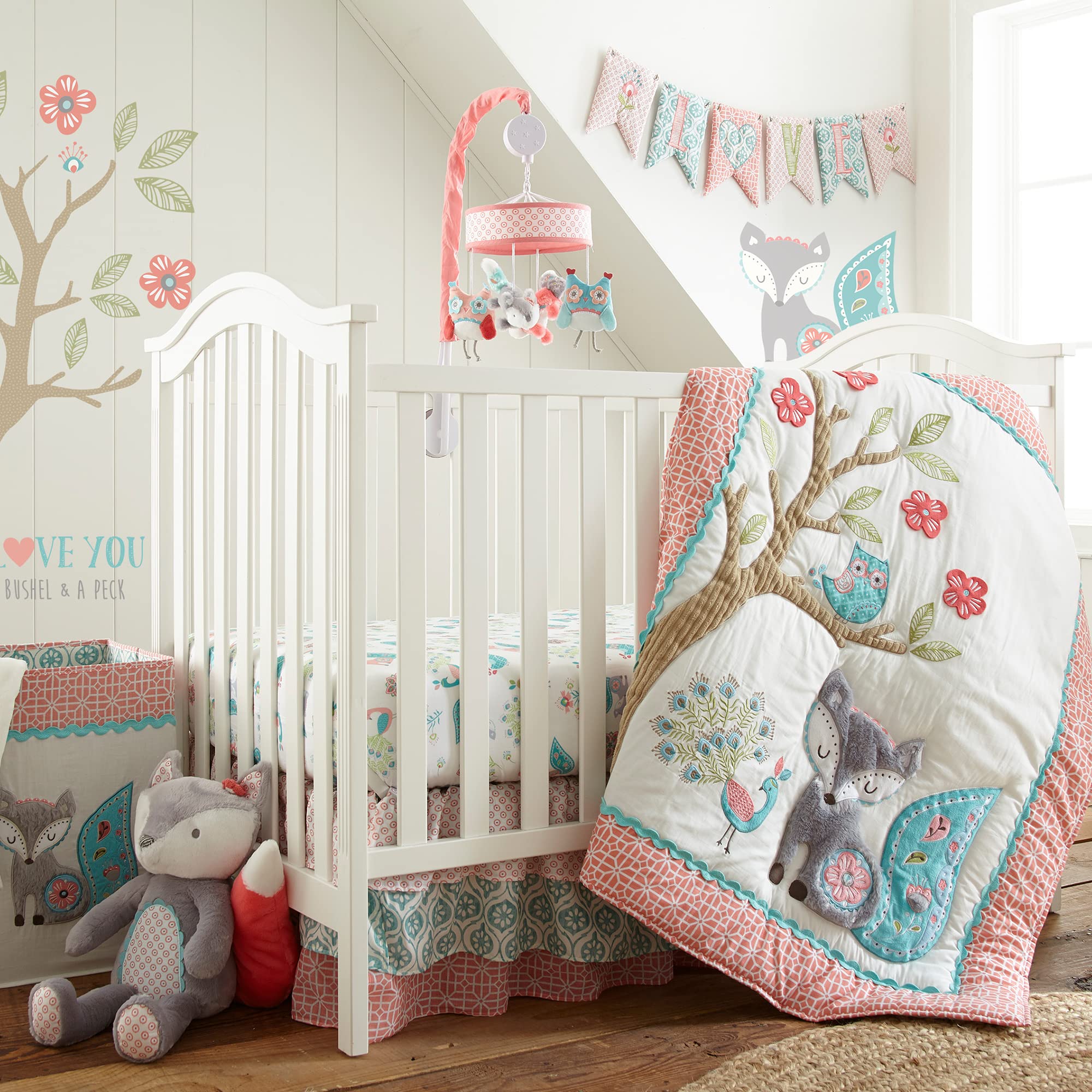 Fiona Crib Bed Set - Baby Nursery Set - Pink, Teal, and White - Woodland Forest Theme