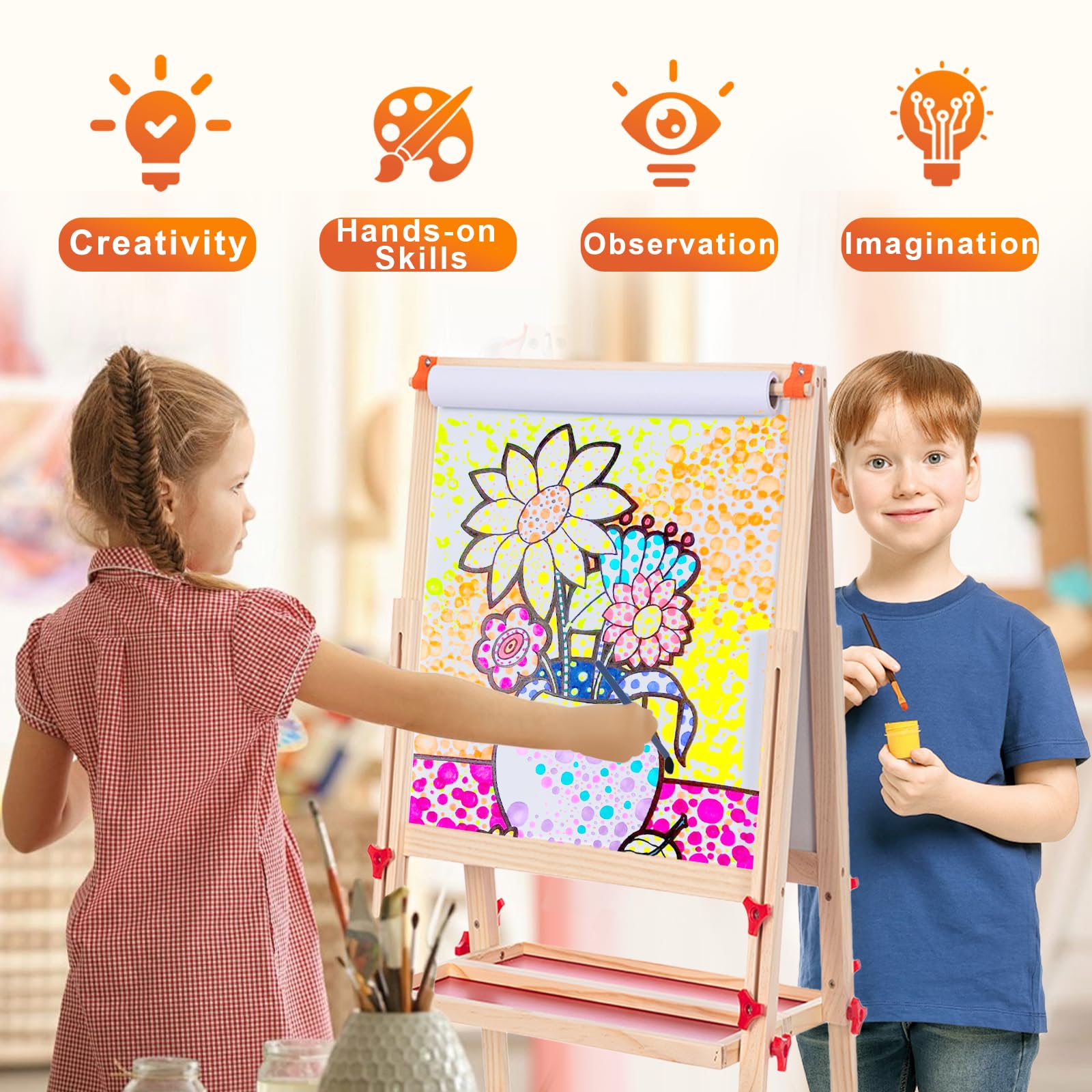 Adjustable Wooden Kids Easel with Paper Roll