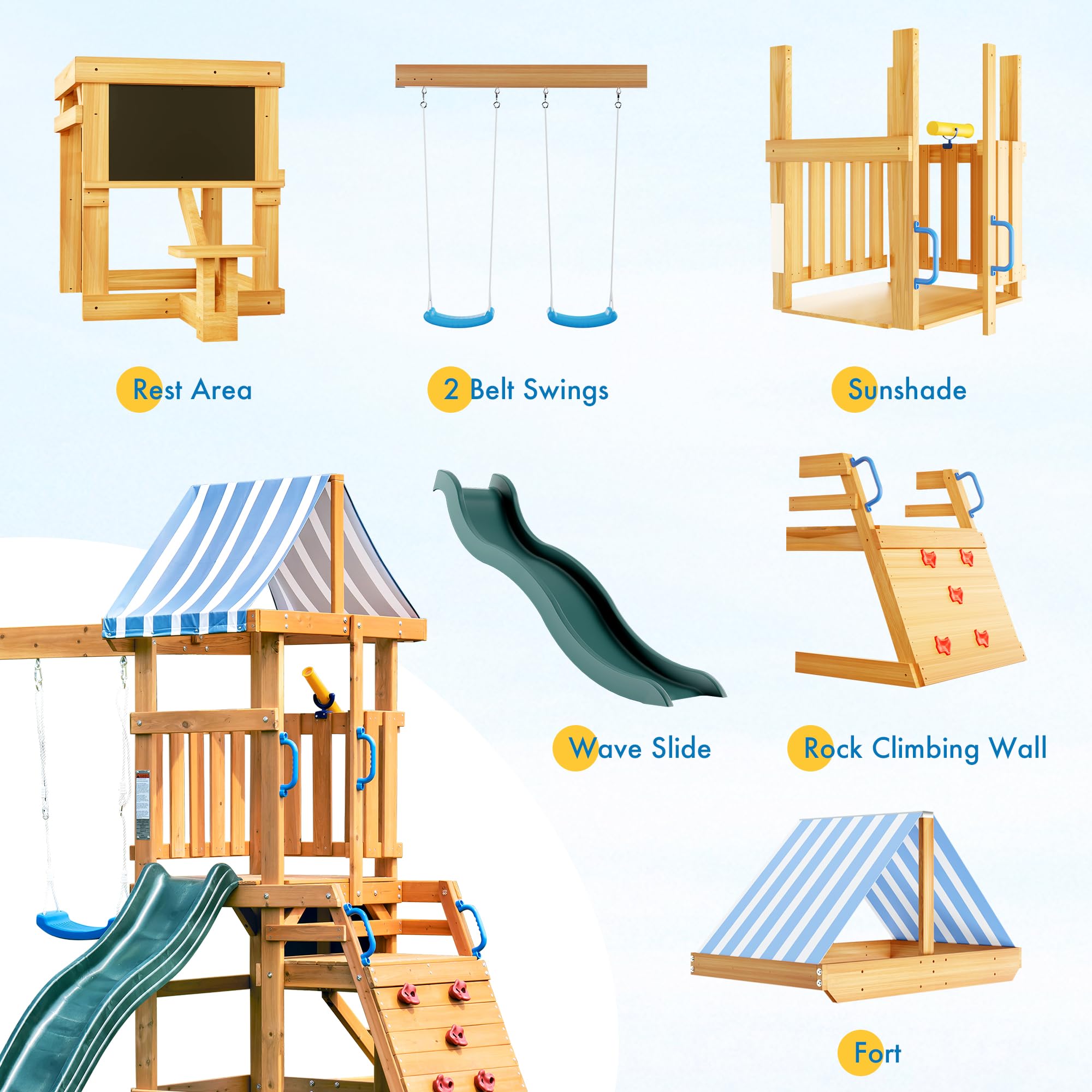 Wooden Swing Set with Slide and Climbing Ladder