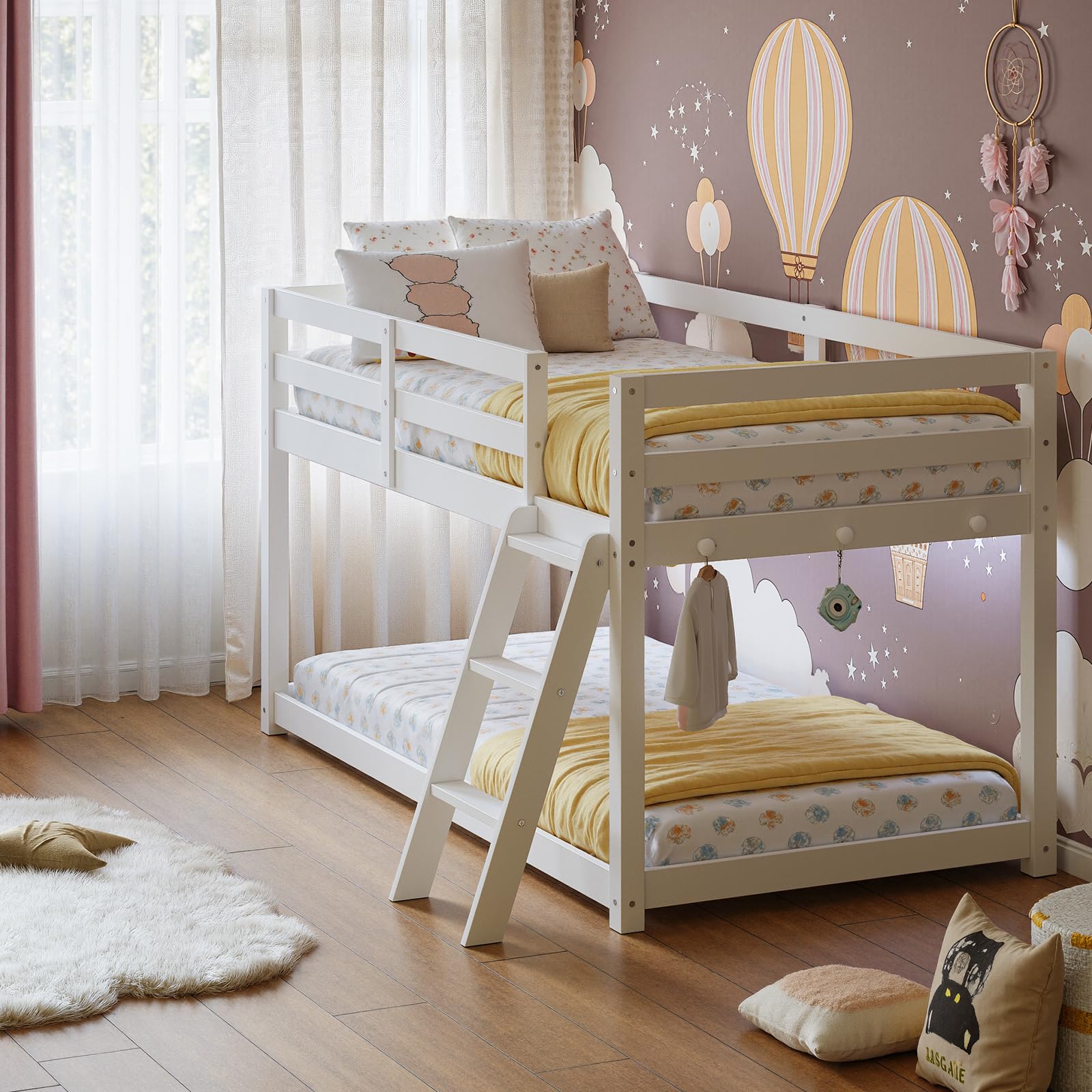 Low Bunk Bed with Guardrail and LED Light, Floor Toddler Bunk Bed Twin Over Twin