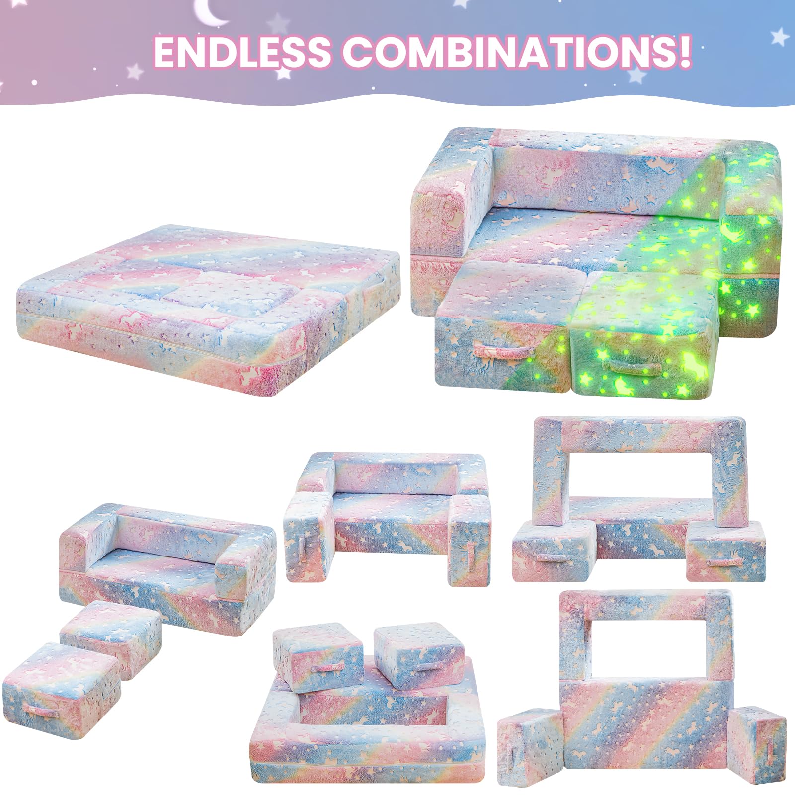 Lamerge Toddler Couch Glow in The Dark Toddler Fold Out Couch for playroom, Convertible Baby Fold Out Play Foam and Floor Cushion for Bedroom (Rainbow+Unicorn)