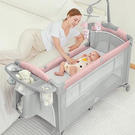 Baby Bassinet Bedside Crib, Pack and Play with Sheet