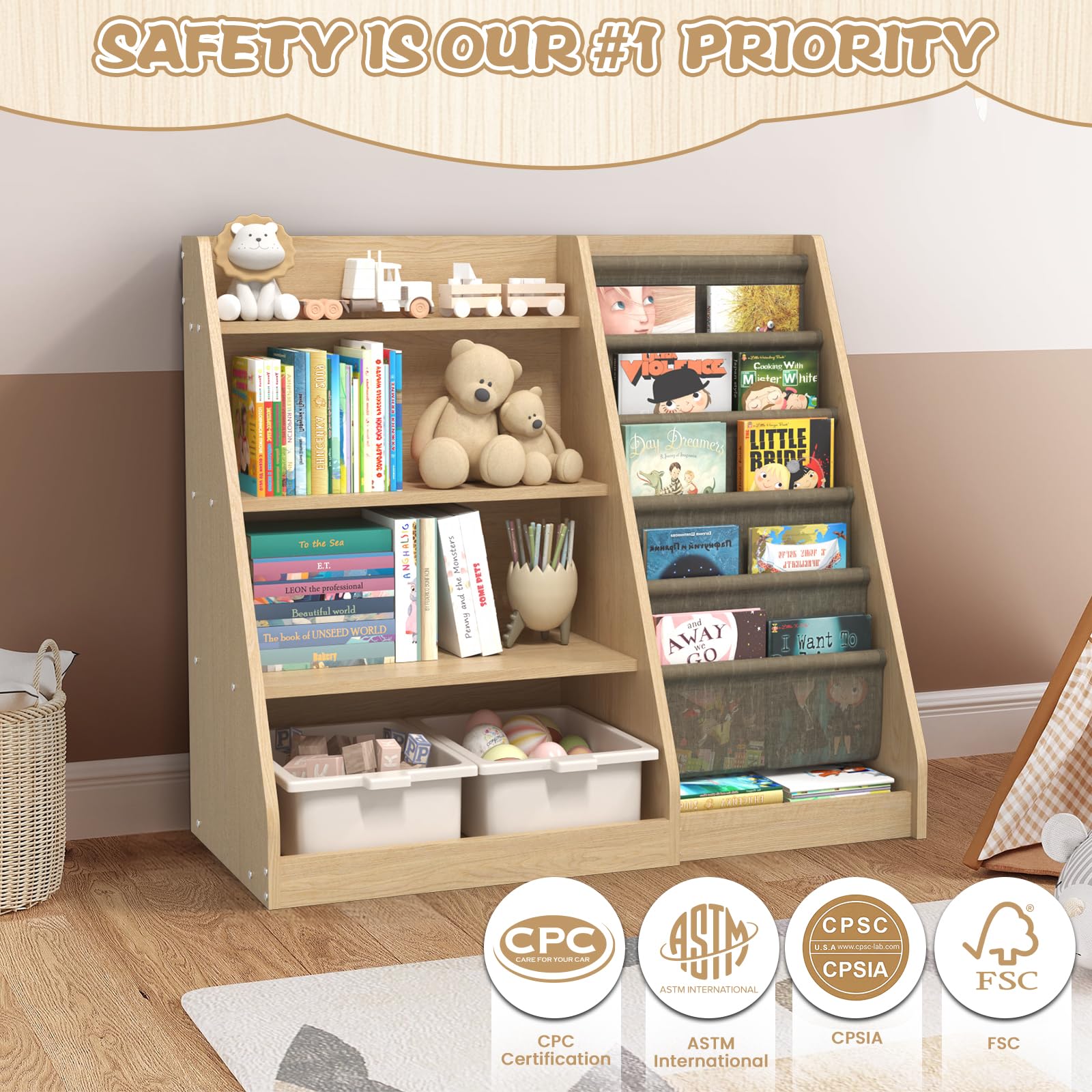 Montessori Kids Bookshelf with Toy Storage