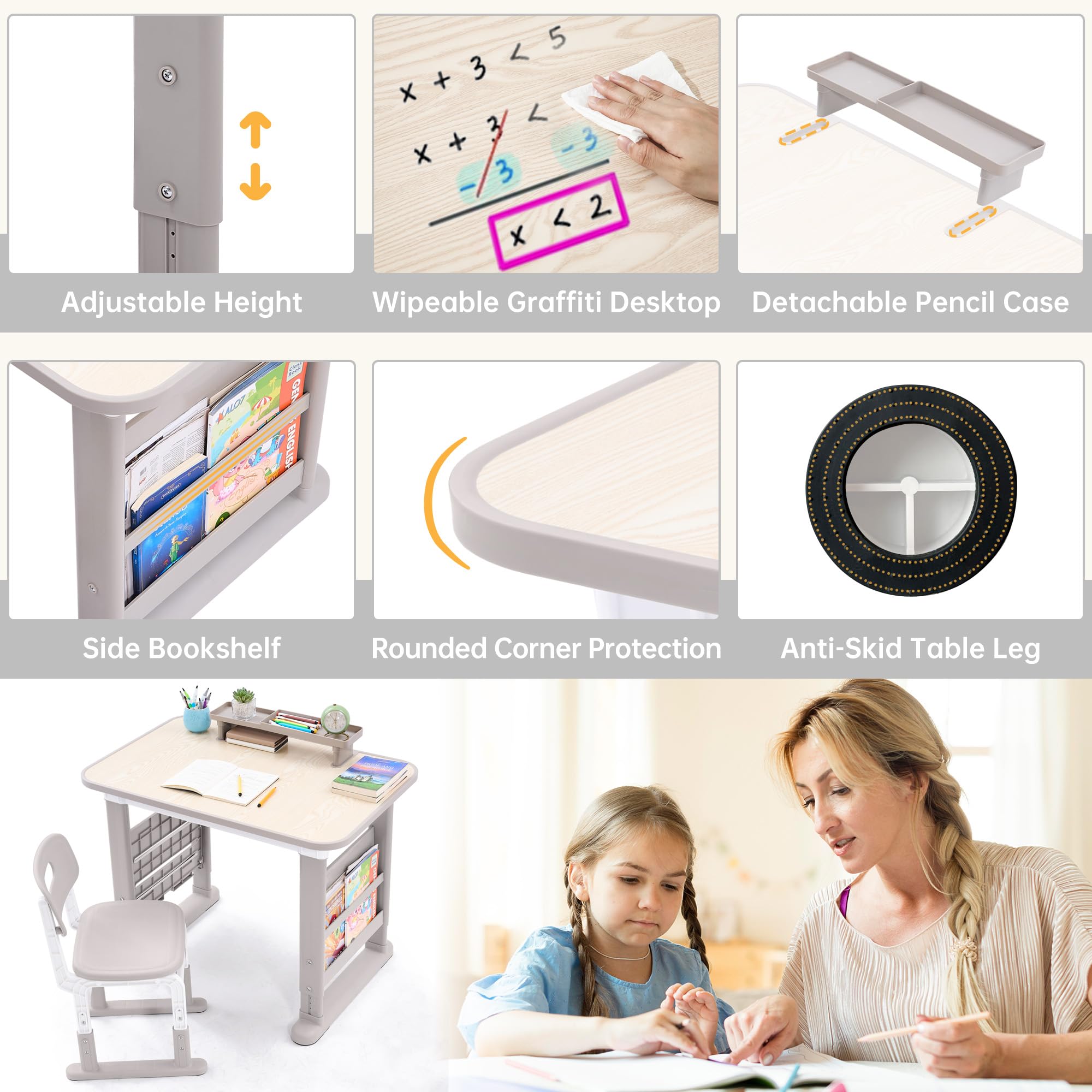 Height Adjustable Kids Desk and Chair Set with Storage