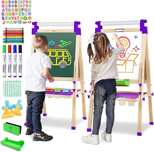 Kids Wooden Easel with Paper Roll - Adjustable Magnetic Double Sided