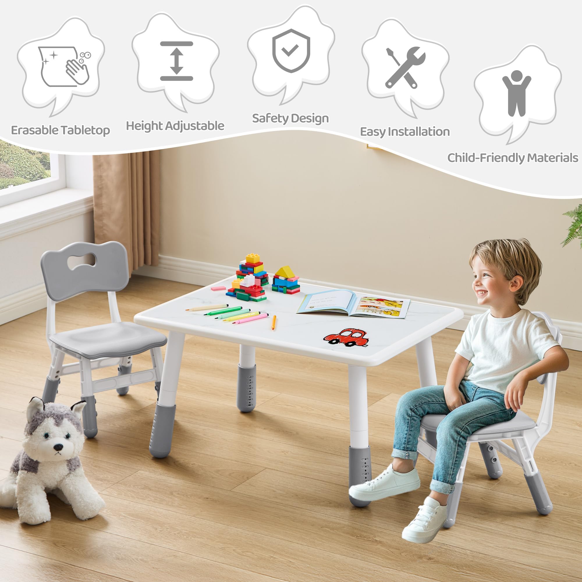 Height Adjustable Kids Table and Chair Set with Marble Pattern Desktop