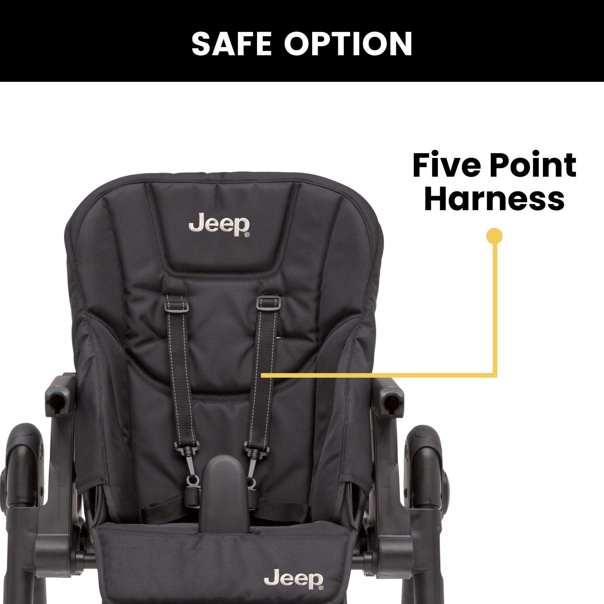 Jeep by Delta Children Classic Convertible 2-in-1 High Chair for Babies and Toddlers with Adjustable Height, Recline & Footrest - Dishwasher Safe Meal Tray, Black