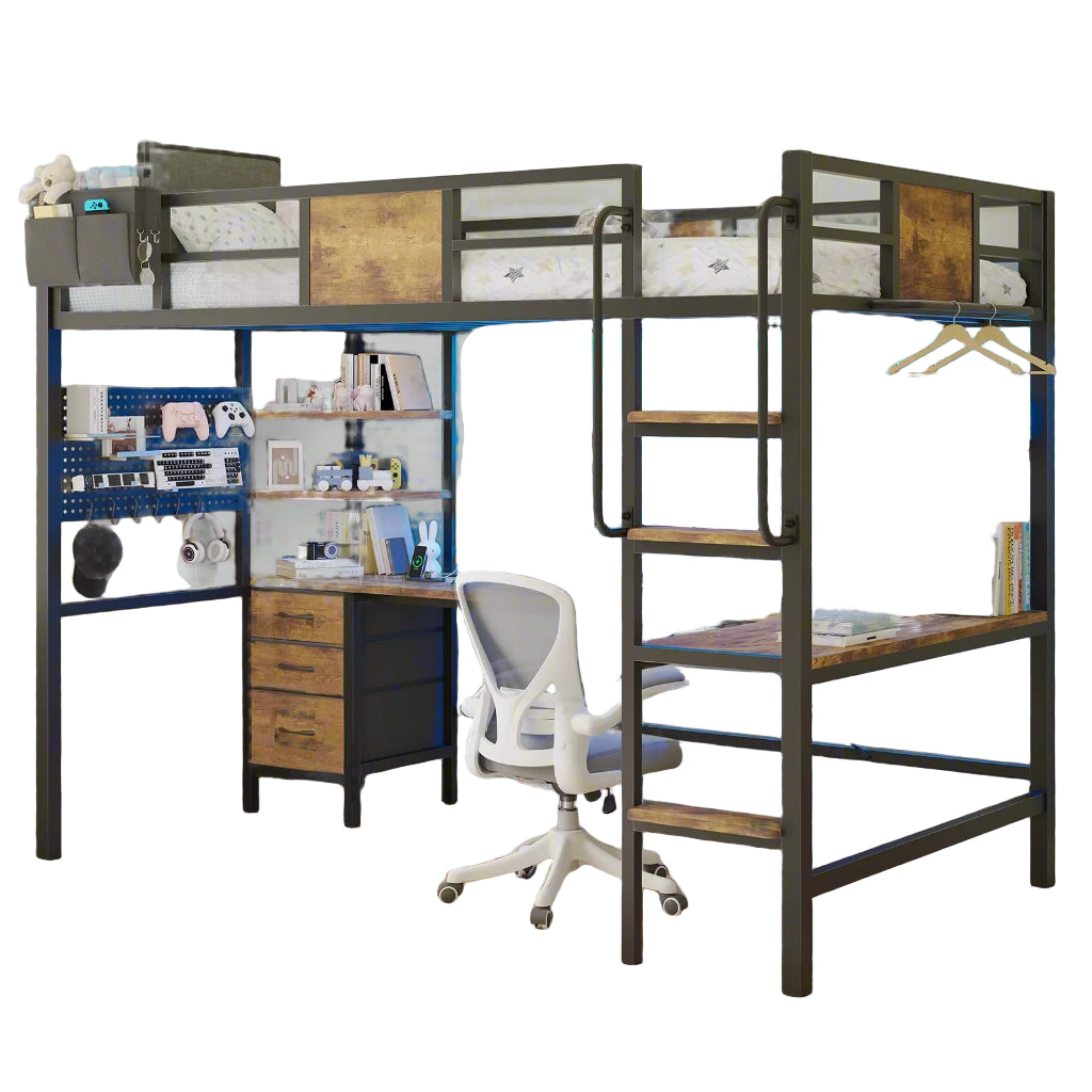 Twin Size Loft Bed with L-Shaped Desk and 3 Fabric Drawers