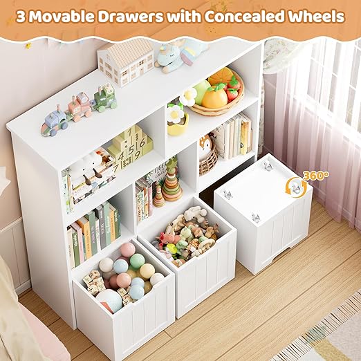 Toy Storage Organizer with 3 Movable Drawers, Floor Storage Cabinet