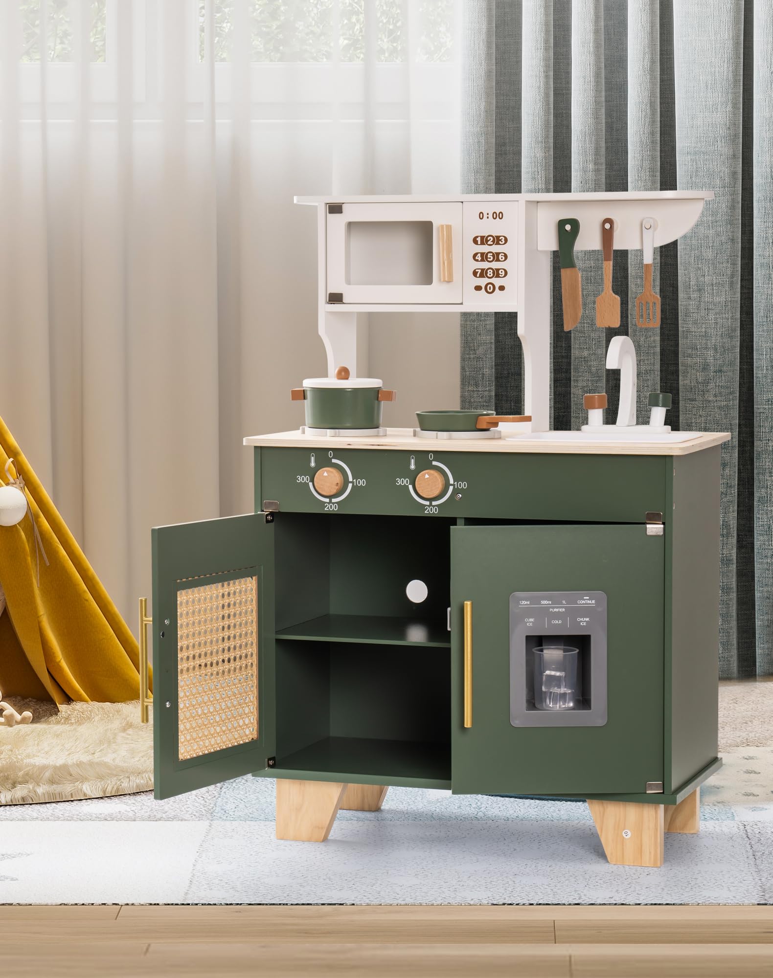 Play Kitchen with Pretend Ice Cube Dispenser for Toddler, Wooden Kids Kitchen Play Set