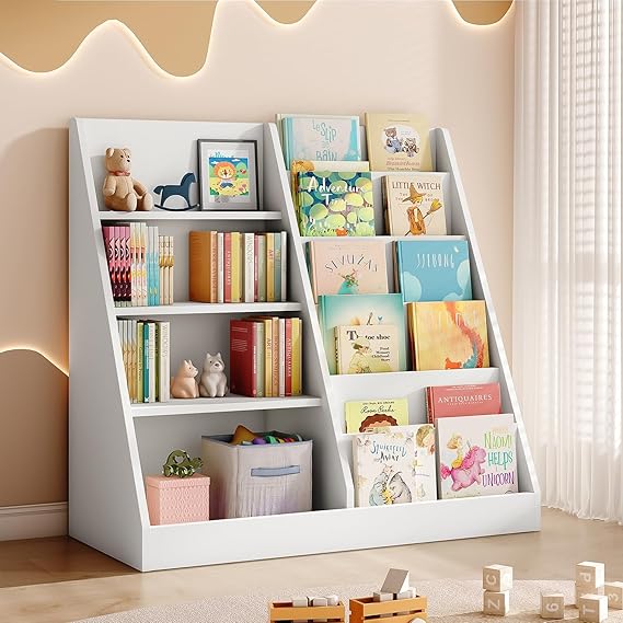 4 Tier Kids Wooden Bookshelf, Toddler Sling Bookcase Montessori