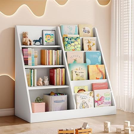 4 Tier Kids Wooden Bookshelf, Toddler Sling Bookcase Montessori