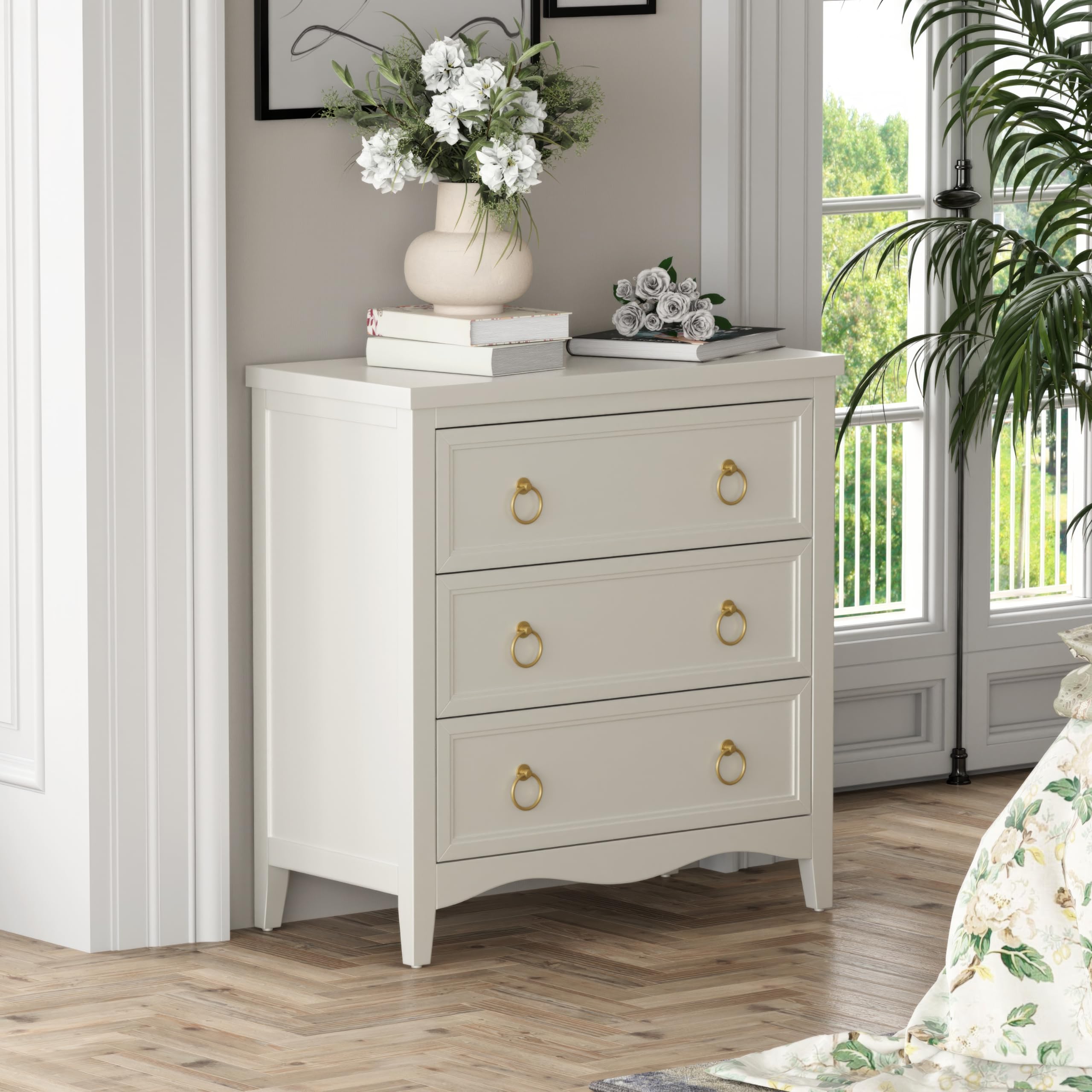 Farmhouse 3-Drawer Dresser Chest with Bronze Ring Handles