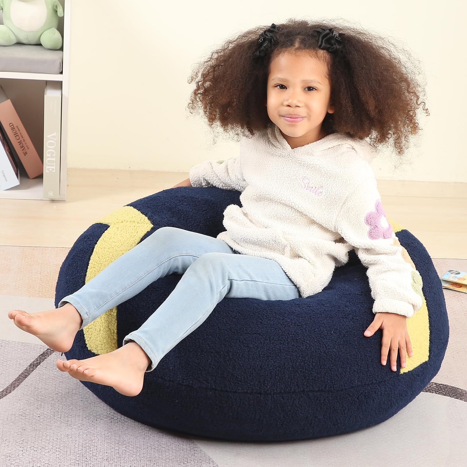 Football Bean Bag Chair for Kids, Cuddly Sherpa, 2.5 feet, Dark Blue