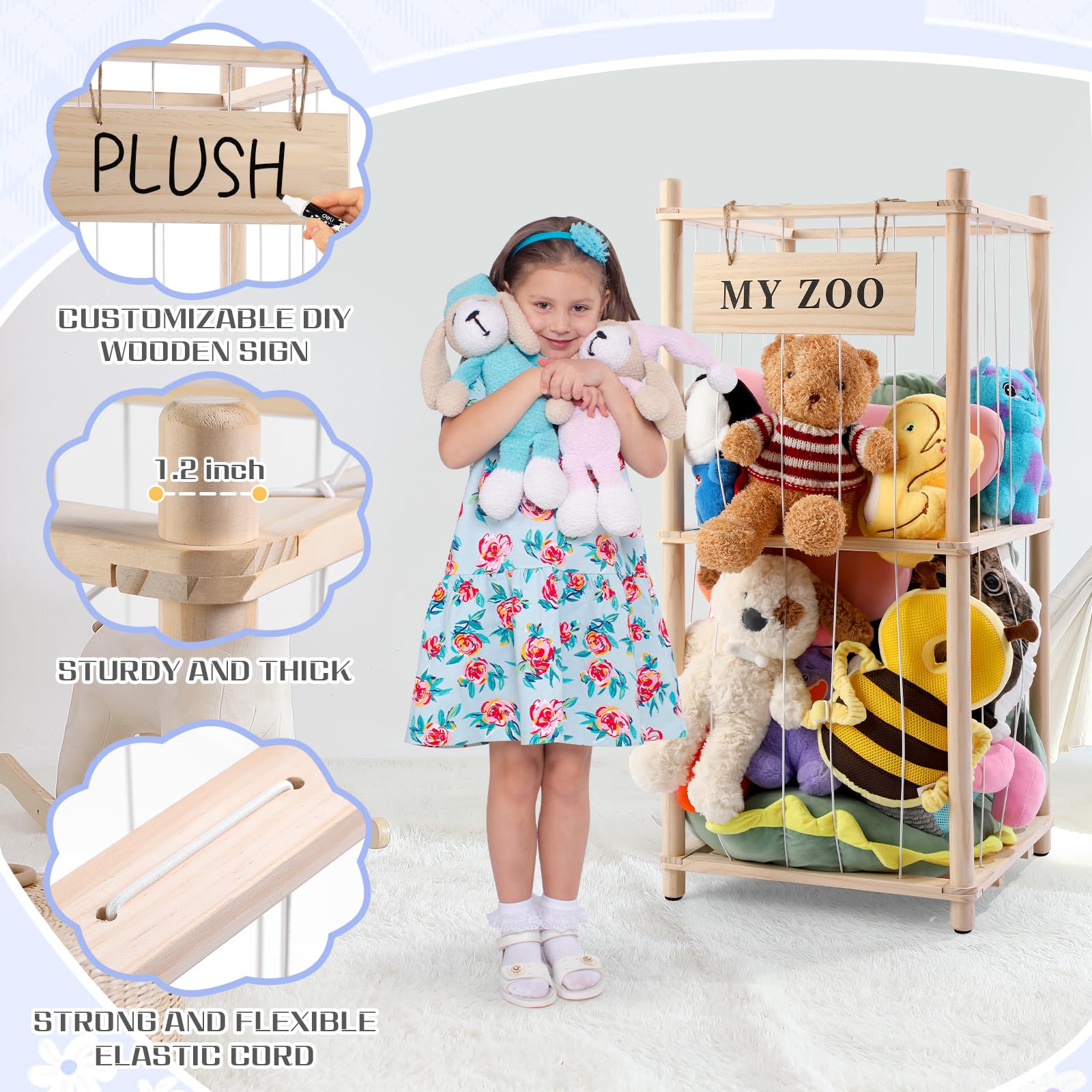 Wooden Stuffed Animal Storage Zoo Organizer with Elastic Cords