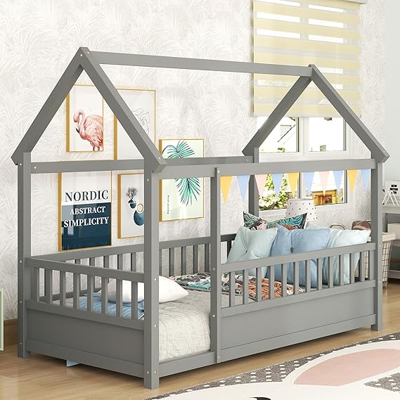 Kids Montessori Twin Size Floor Bed with High Fence, House Bed for Kids, Wooden, Gray