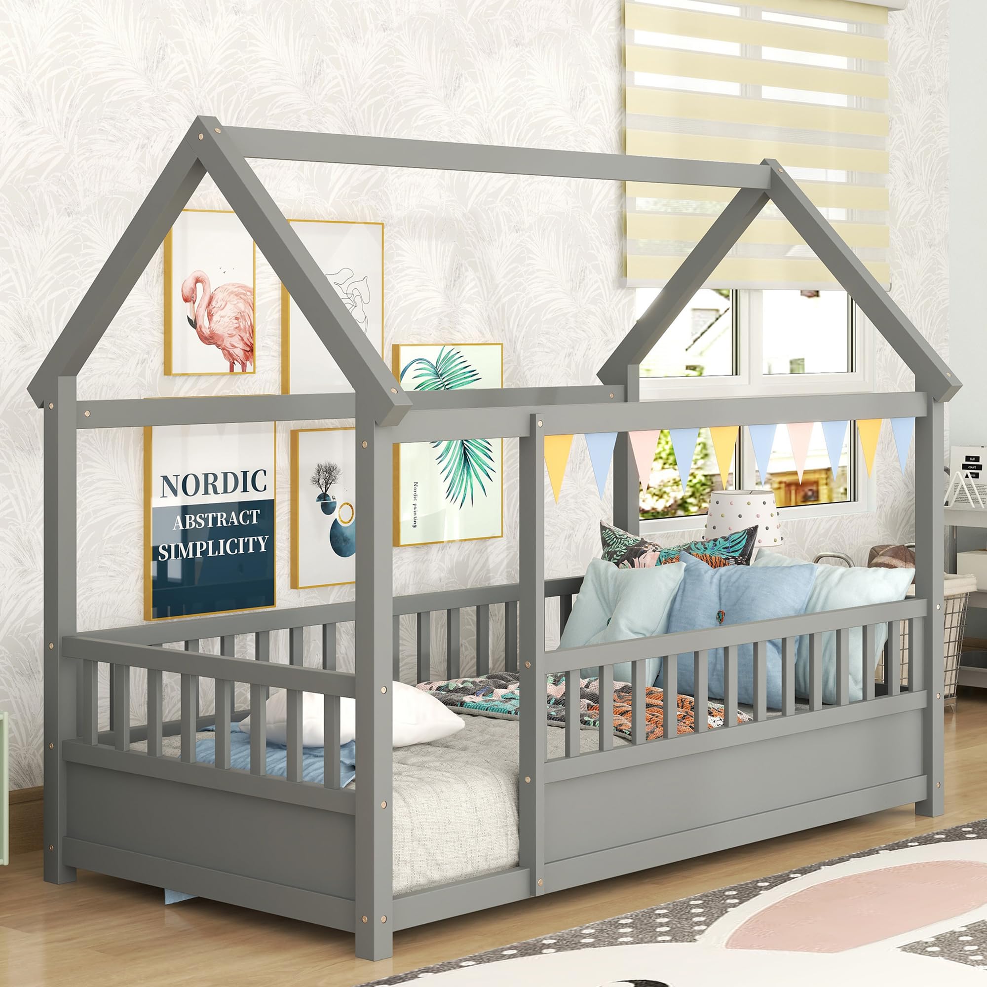 Kids Montessori Twin Size Floor Bed with High Fence, House Bed for Kids, Wooden, Gray