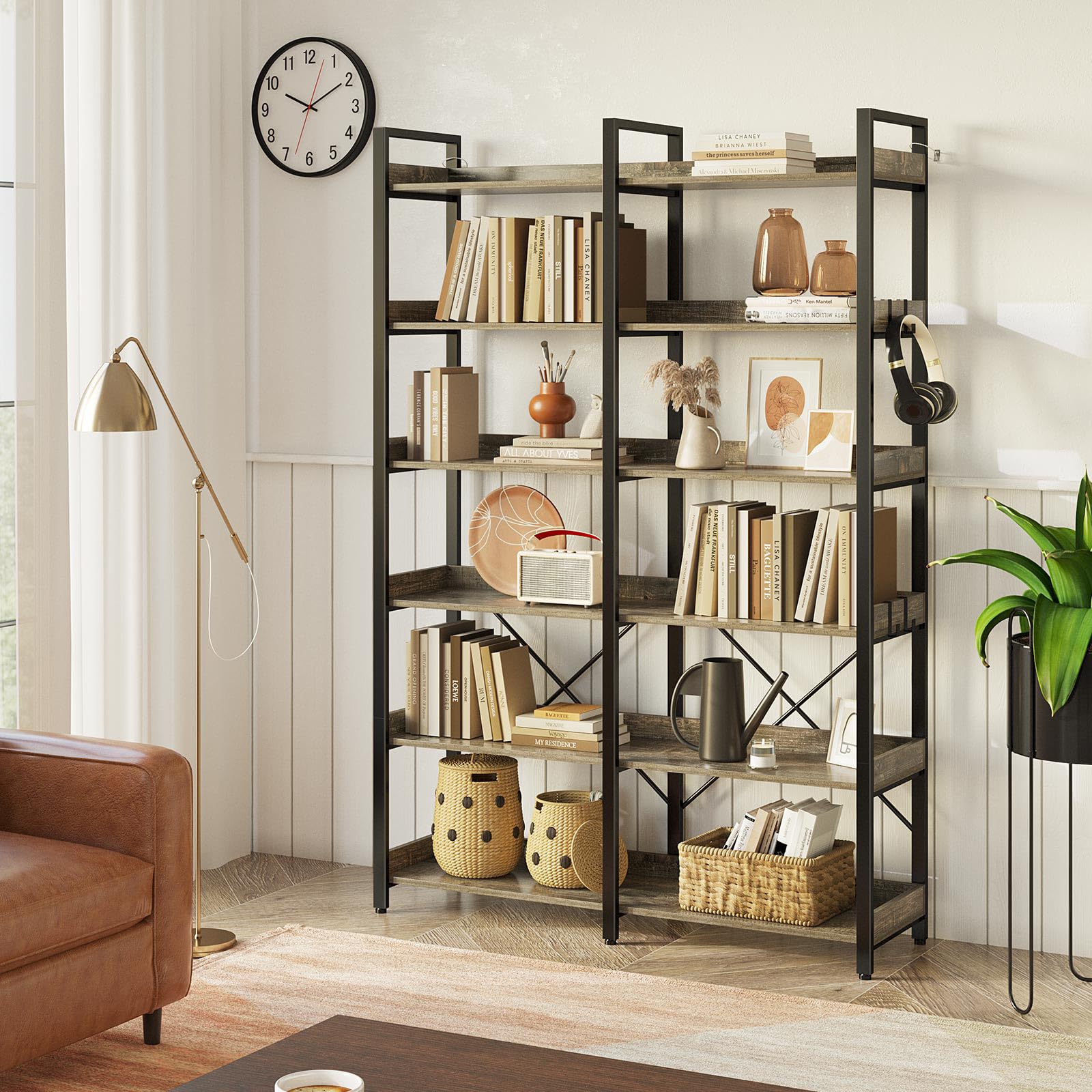 6-Tier Industrial Bookshelf with Hooks 67" Tall