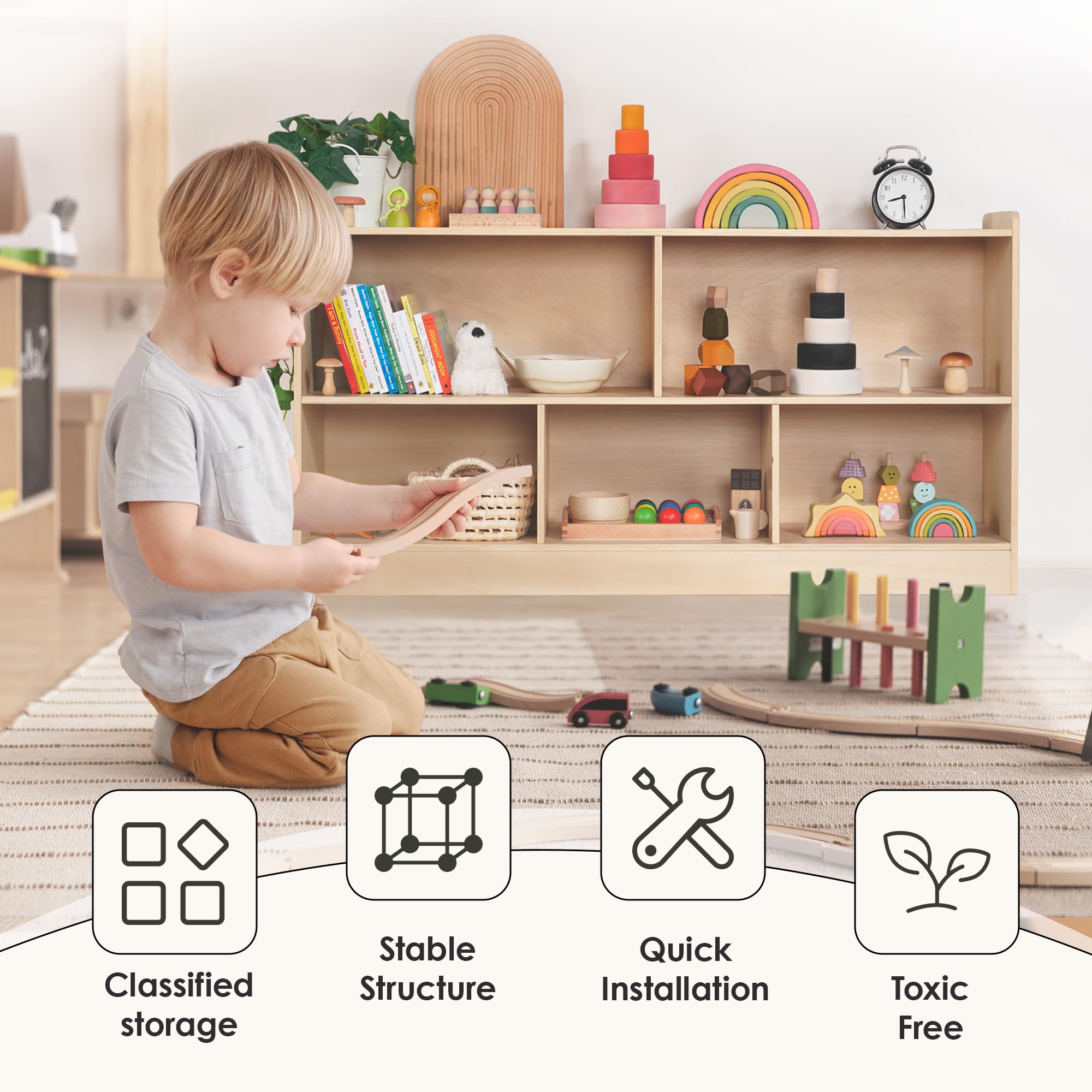Wooden Montessori Toy Storage Shelf with 5 Open Sections for Kids