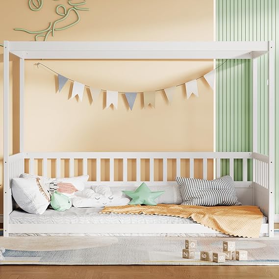 Kids Montessori Twin Size Floor Bed with High Fence, House Bed for Kids, Wooden, Gray